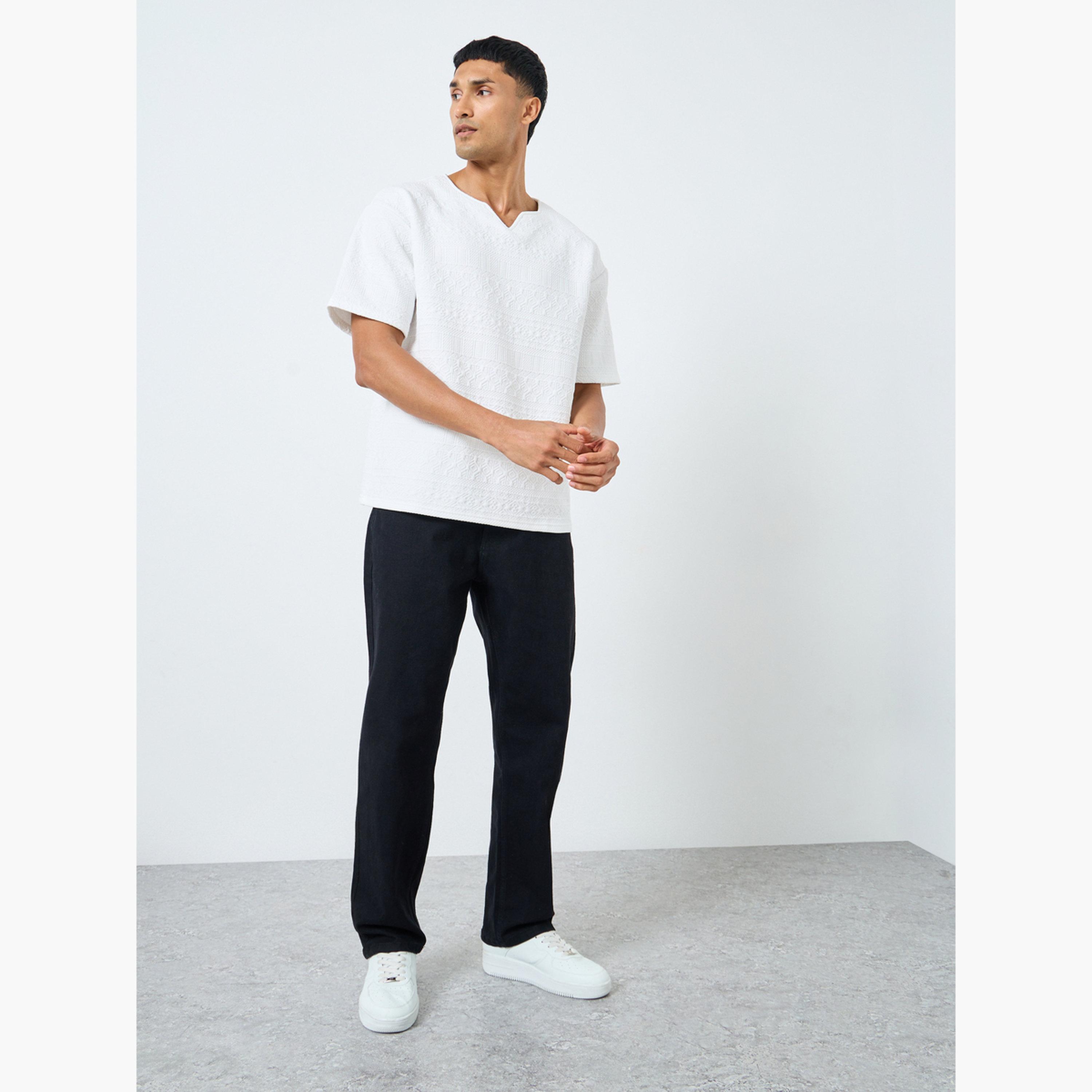 Styli White Textured Oversized Notch Neck T-Shirt-men-clothing-tshirtsandpolos-tshirts-image-2