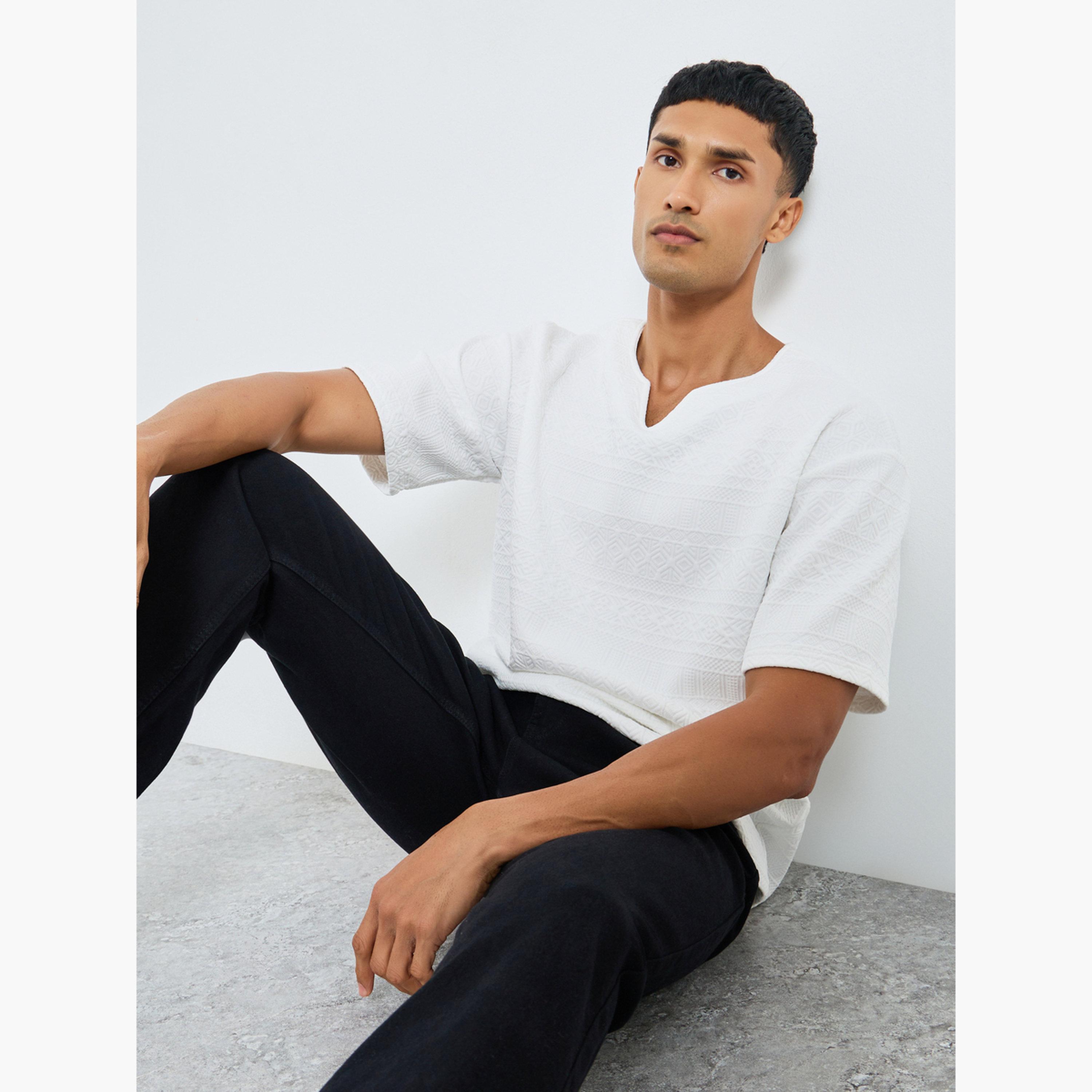Styli White Textured Oversized Notch Neck T-Shirt-men-clothing-tshirtsandpolos-tshirts-image-3