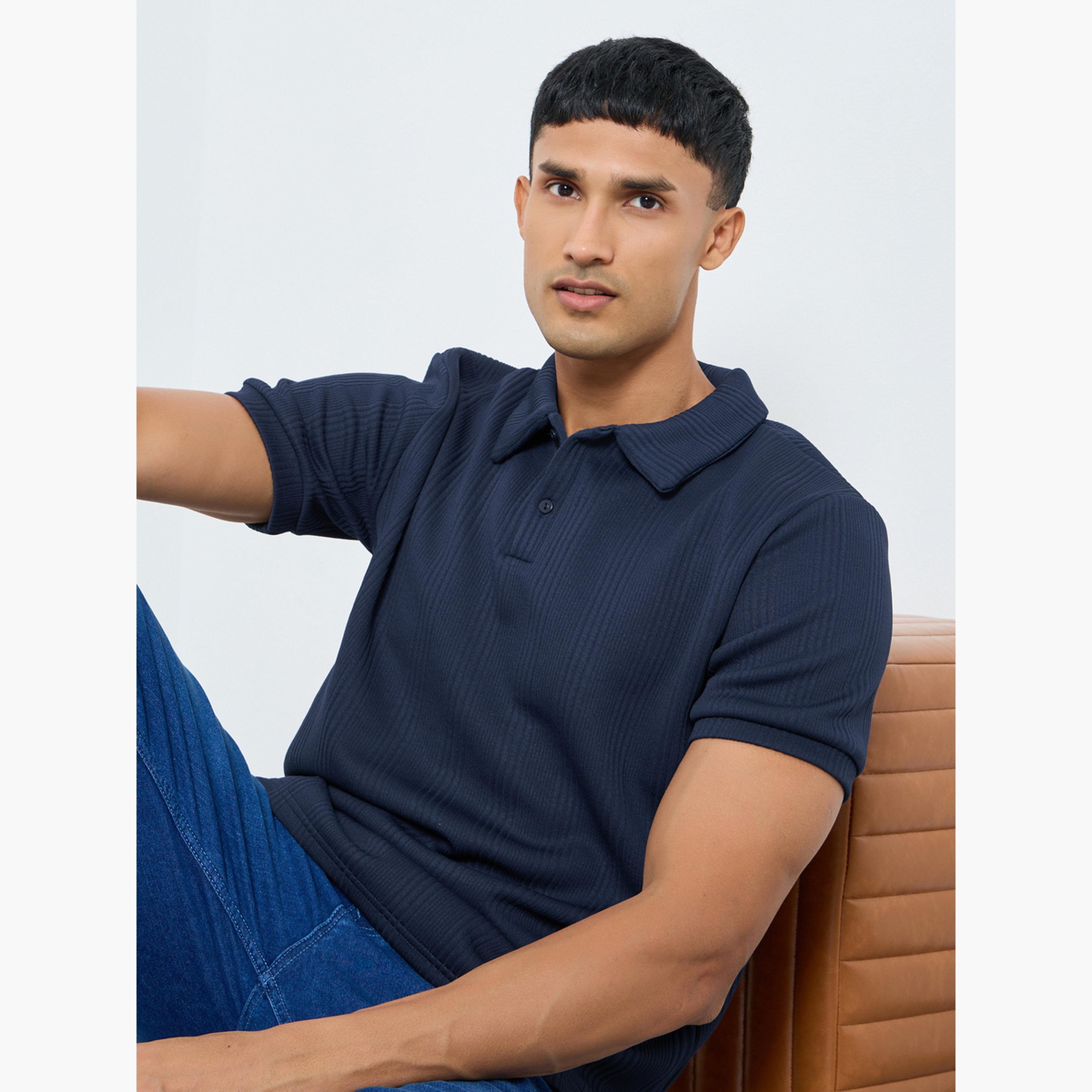 Styli Men Navy Textured Knit Relaxed Polo-men-clothing-tshirtsandpolos-polos-image-3