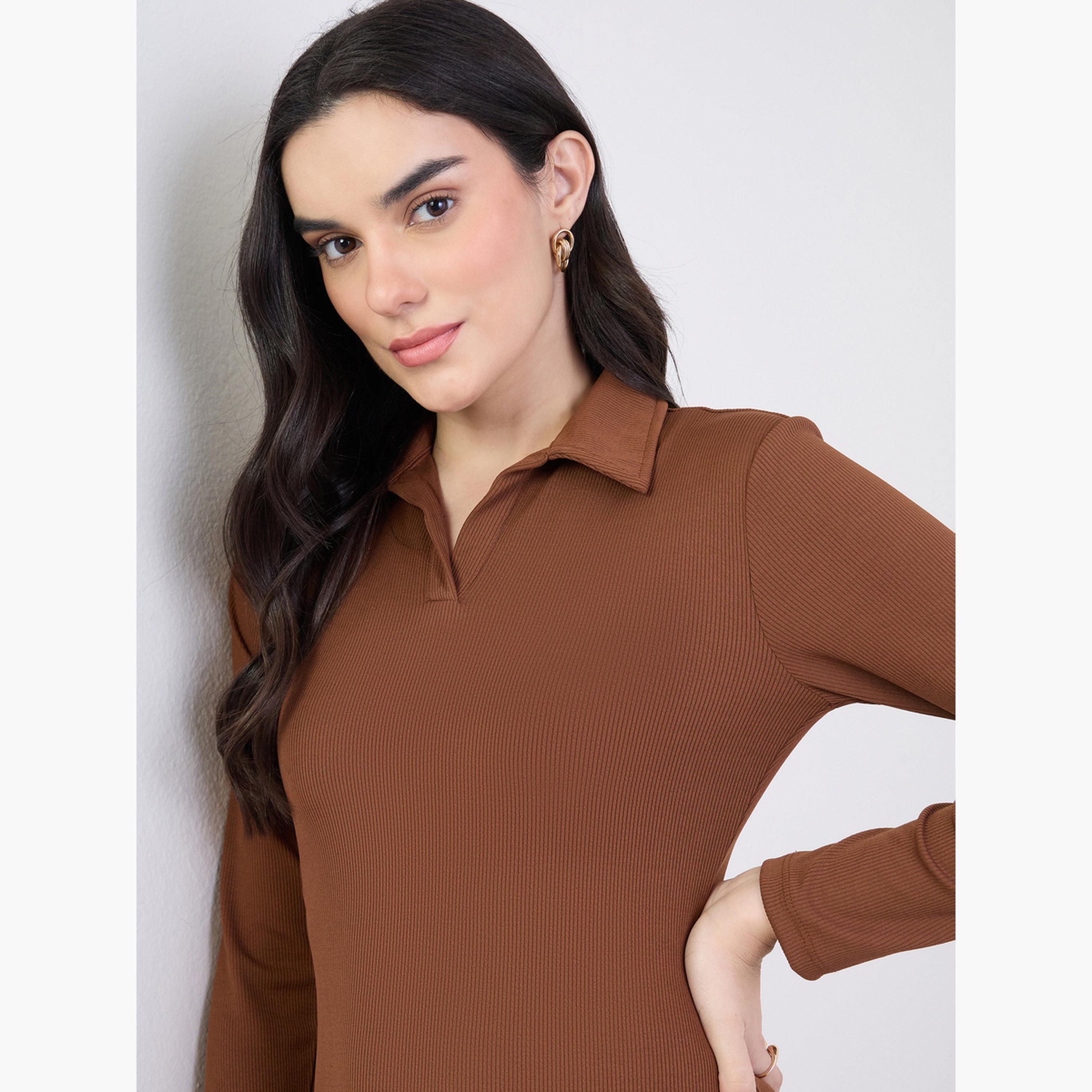 Styli Brown Long Sleeves A-Line Midi Dress-women-clothing-dresses-image-4
