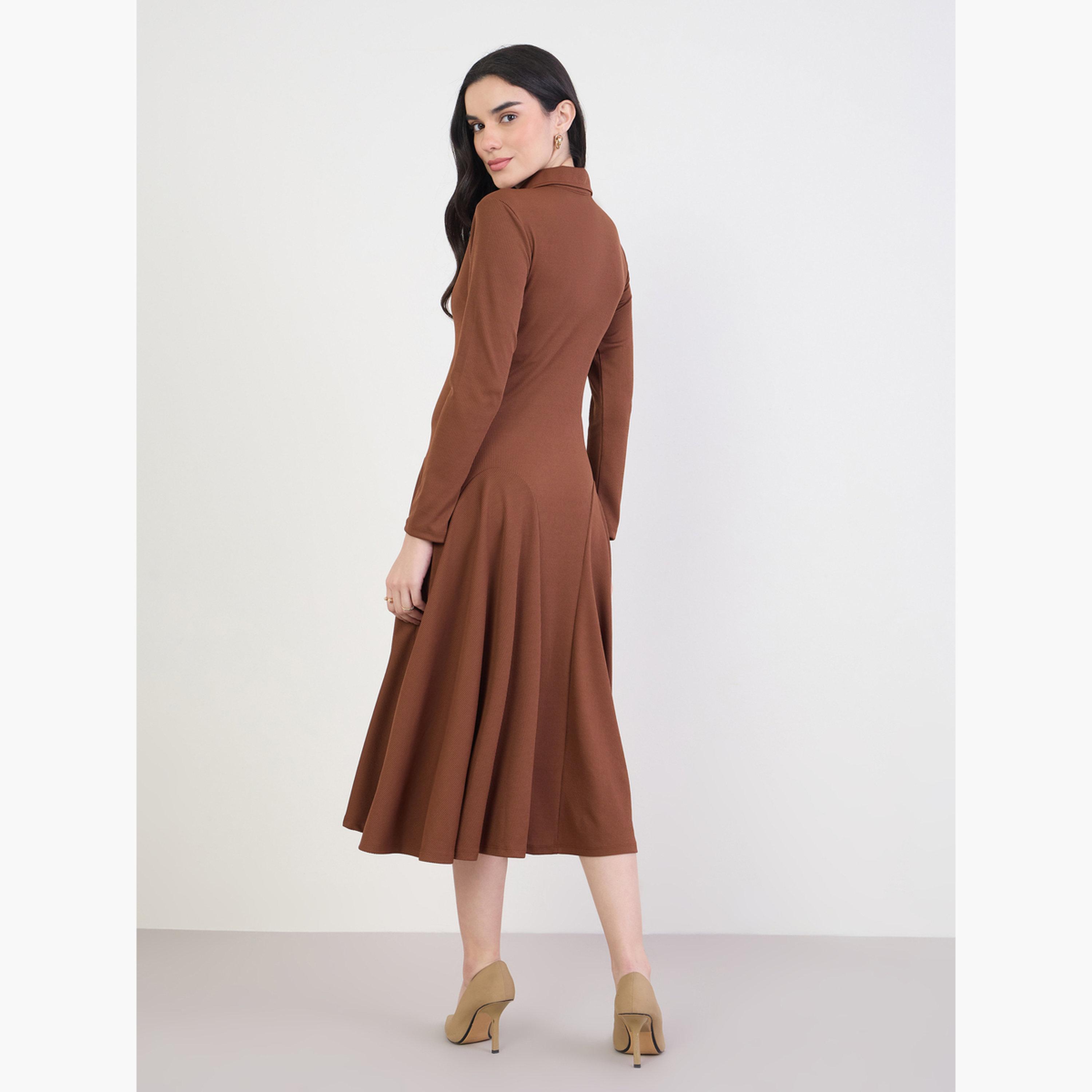 Styli Brown Long Sleeves A-Line Midi Dress-women-clothing-dresses-image-5