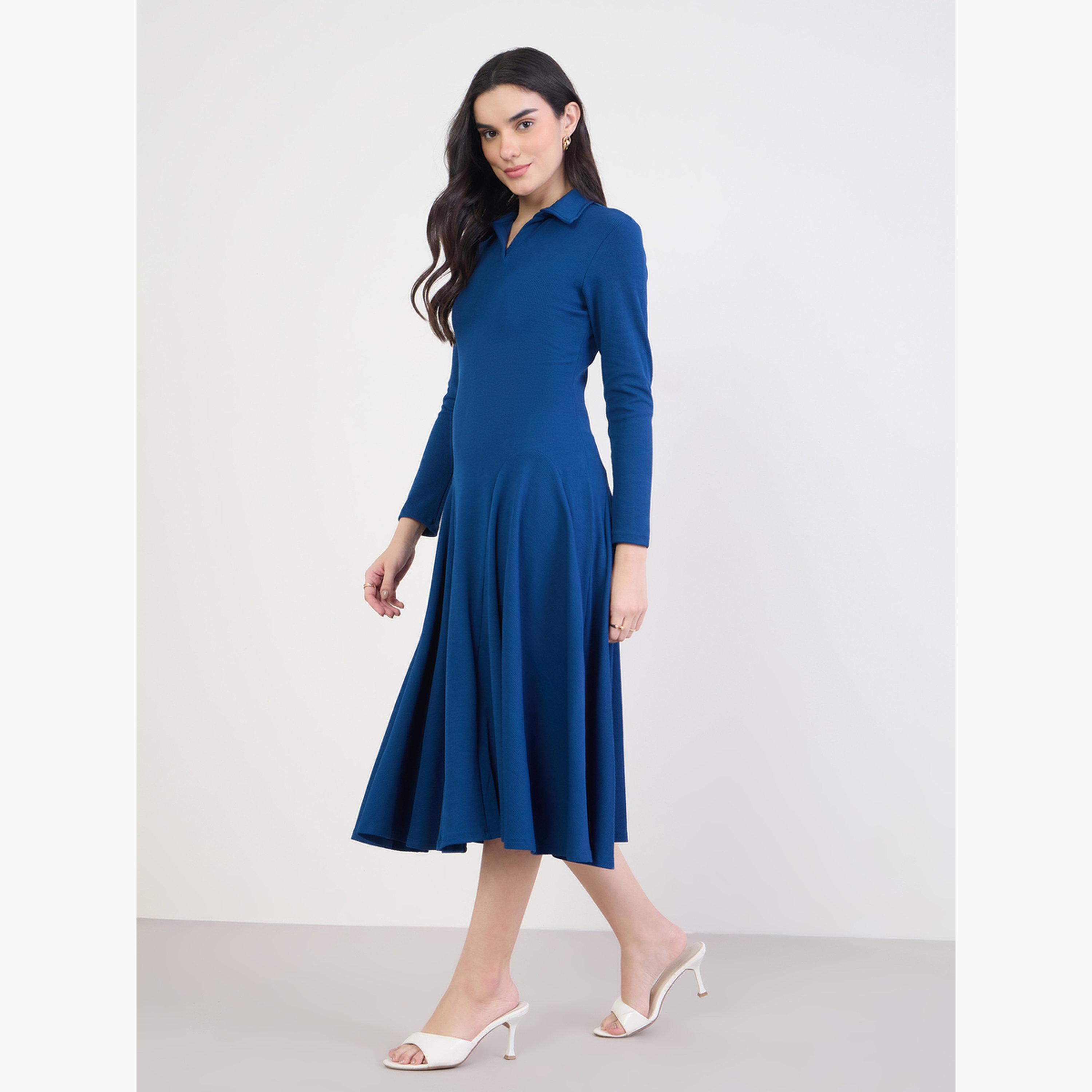 Styli Women Navy Blue Long Sleeves A-Line Midi Dress-women-clothing-dresses-image-1