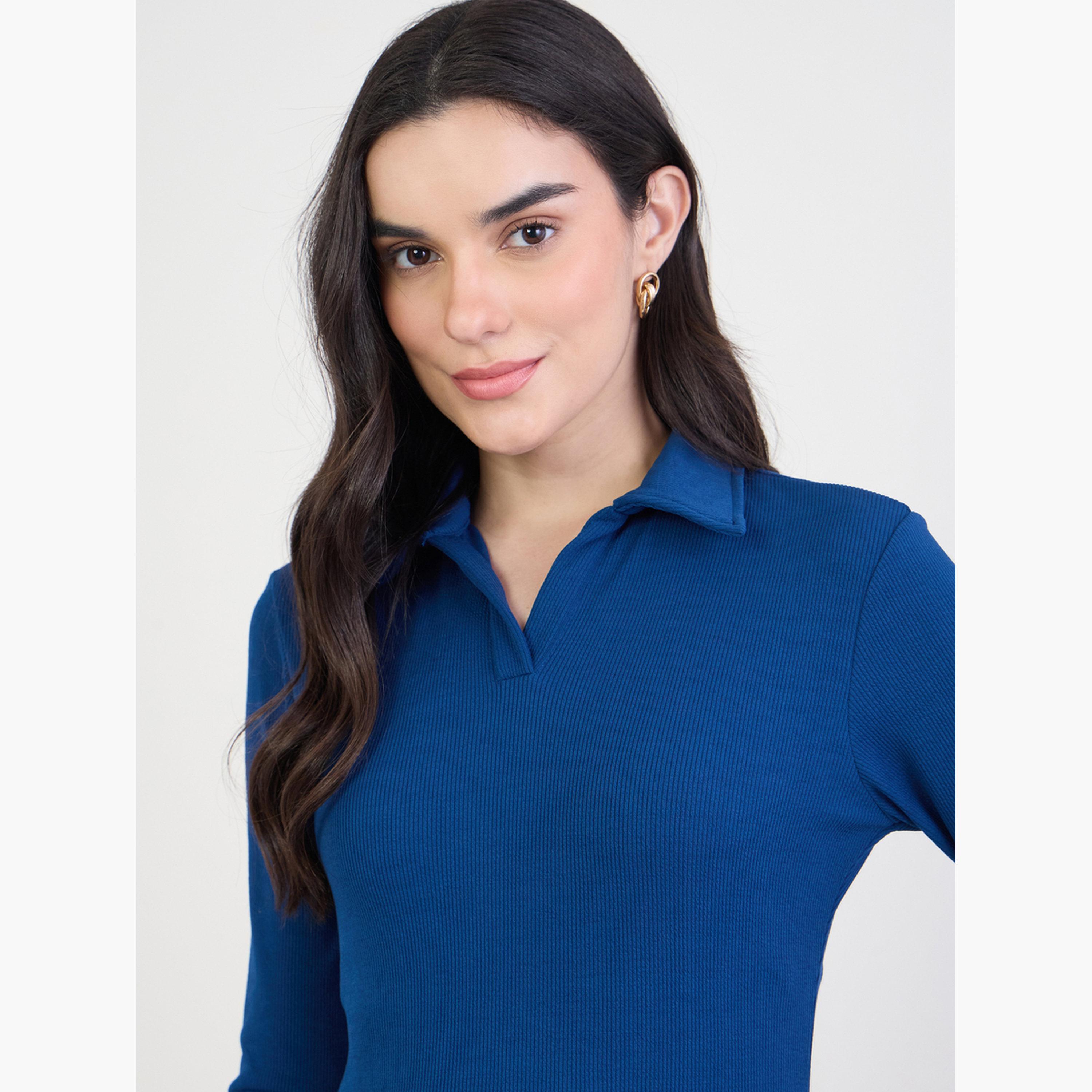 Styli Women Navy Blue Long Sleeves A-Line Midi Dress-women-clothing-dresses-image-4