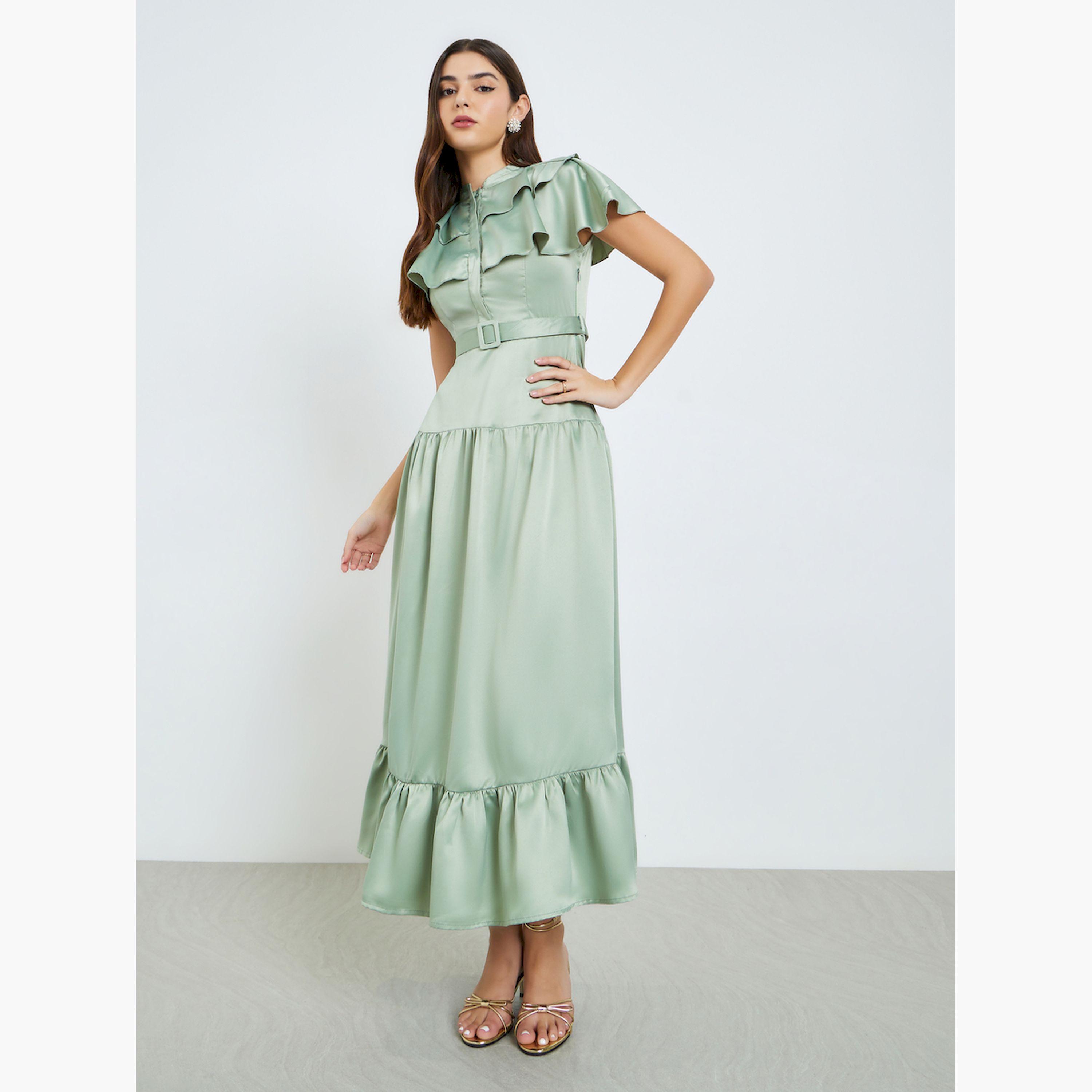 Styli Green Belted Maxi Dress with Ruffle Detail-women-clothing-dresses-image-1