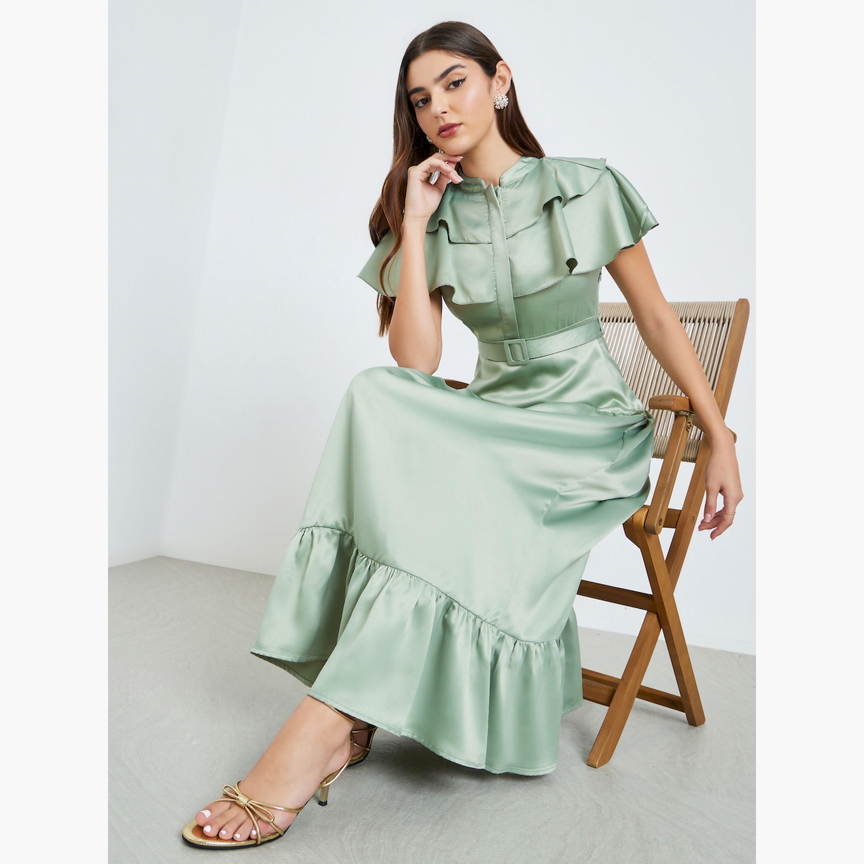 Styli Green Belted Maxi Dress with Ruffle Detail-women-clothing-dresses-image-3