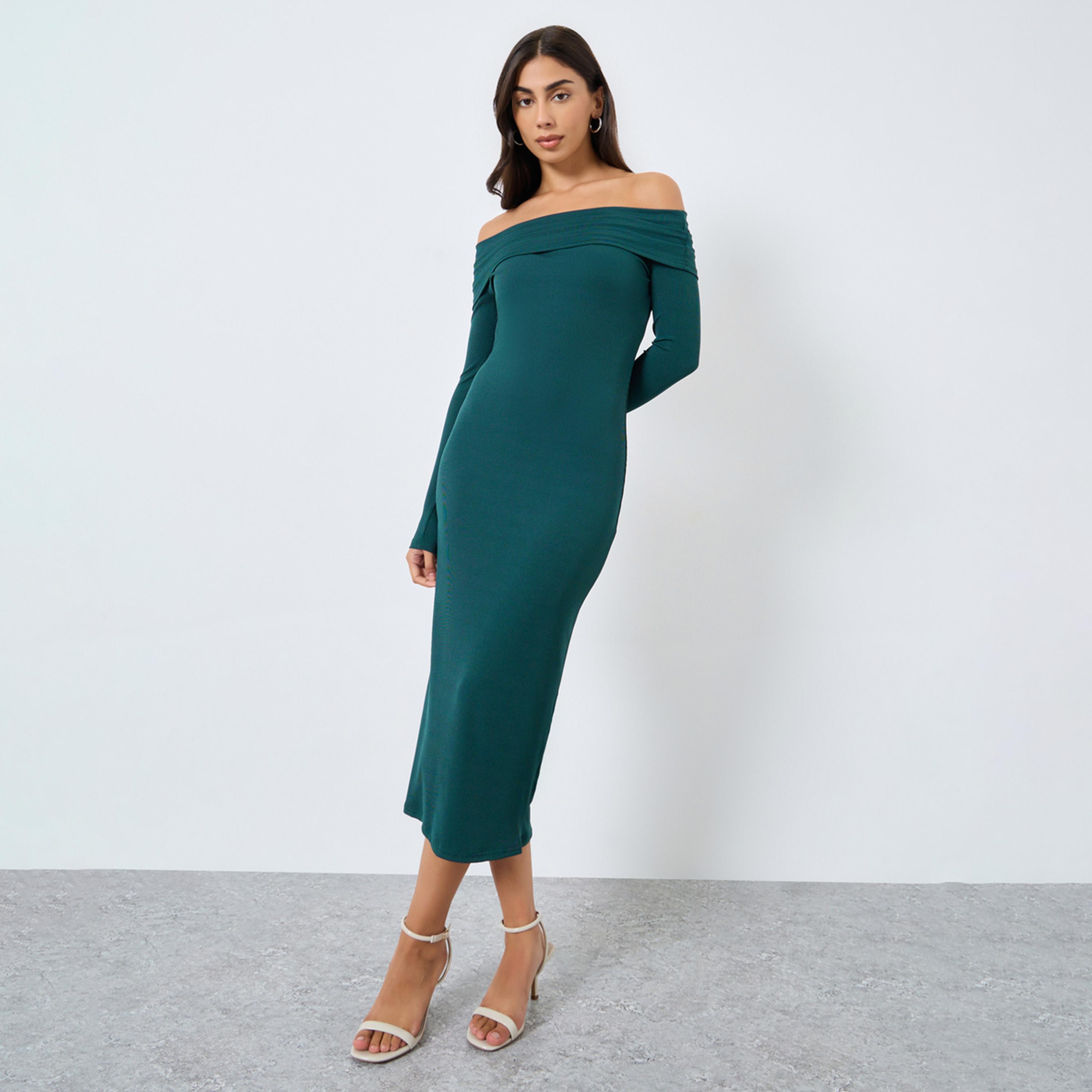 Styli Teal Ribbed Off Shoulder Midi Dress-women-clothing-dresses-image-1