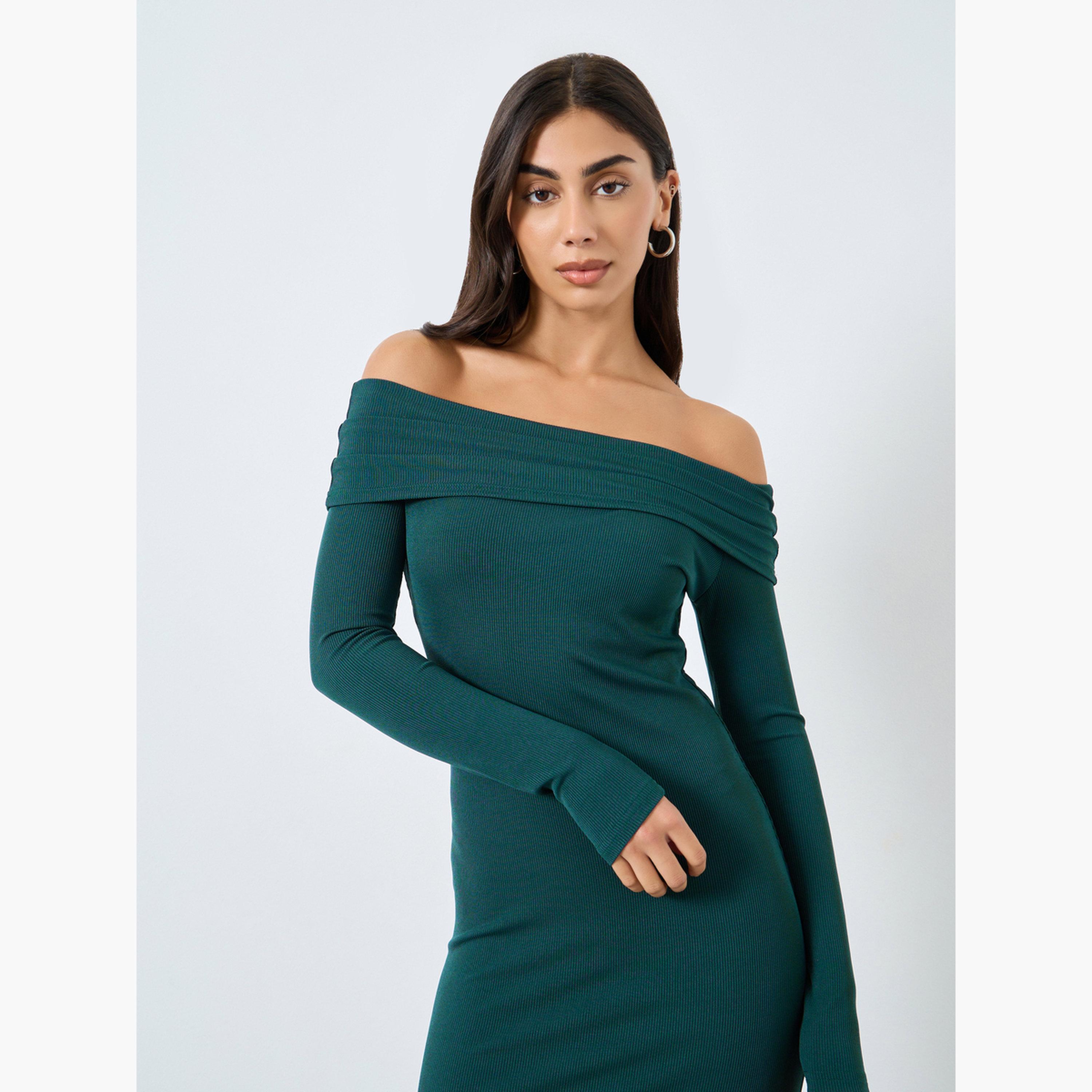 Styli Teal Ribbed Off Shoulder Midi Dress-women-clothing-dresses-image-2