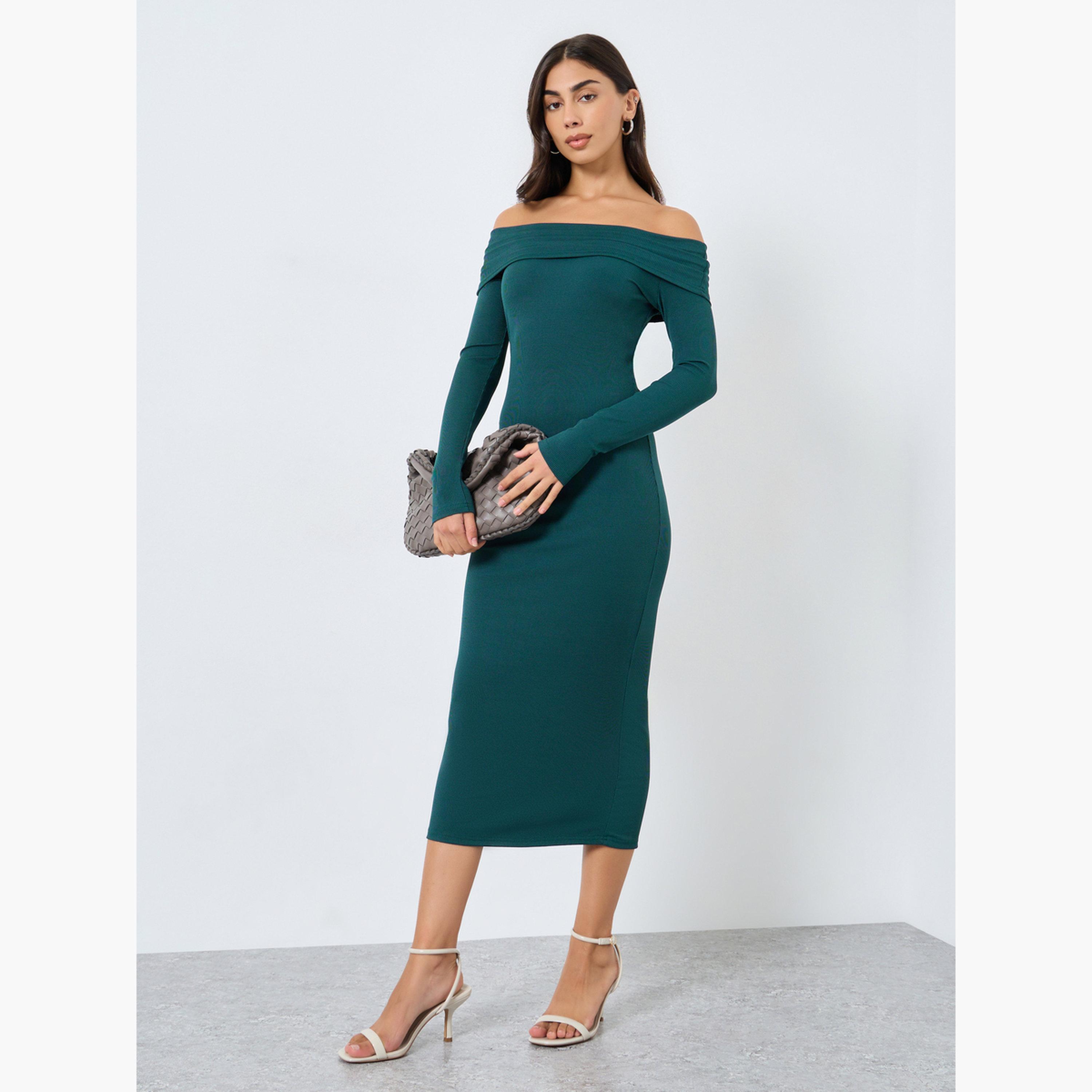 ستايلي - فستان ميدي مكشوف الكتفين بلون أزرق مخضر-women-clothing-dresses-image-3