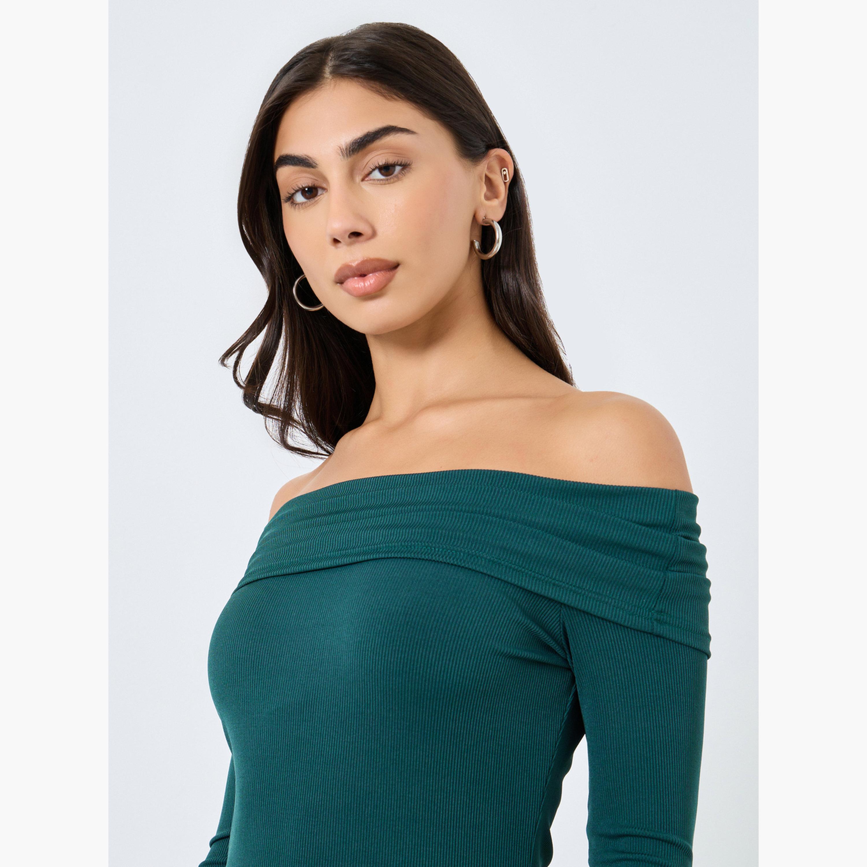 ستايلي - فستان ميدي مكشوف الكتفين بلون أزرق مخضر-women-clothing-dresses-image-4