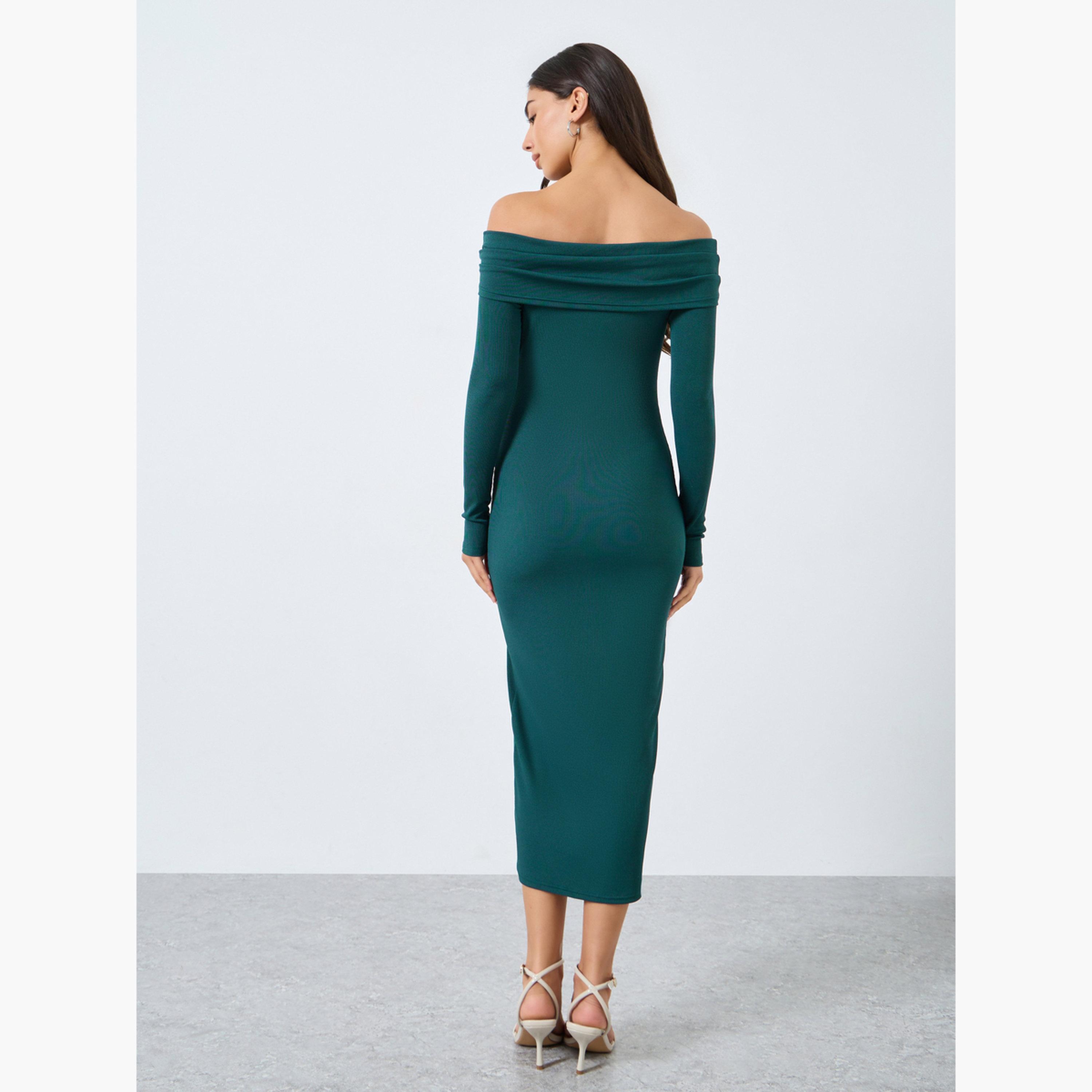 ستايلي - فستان ميدي مكشوف الكتفين بلون أزرق مخضر-women-clothing-dresses-image-5
