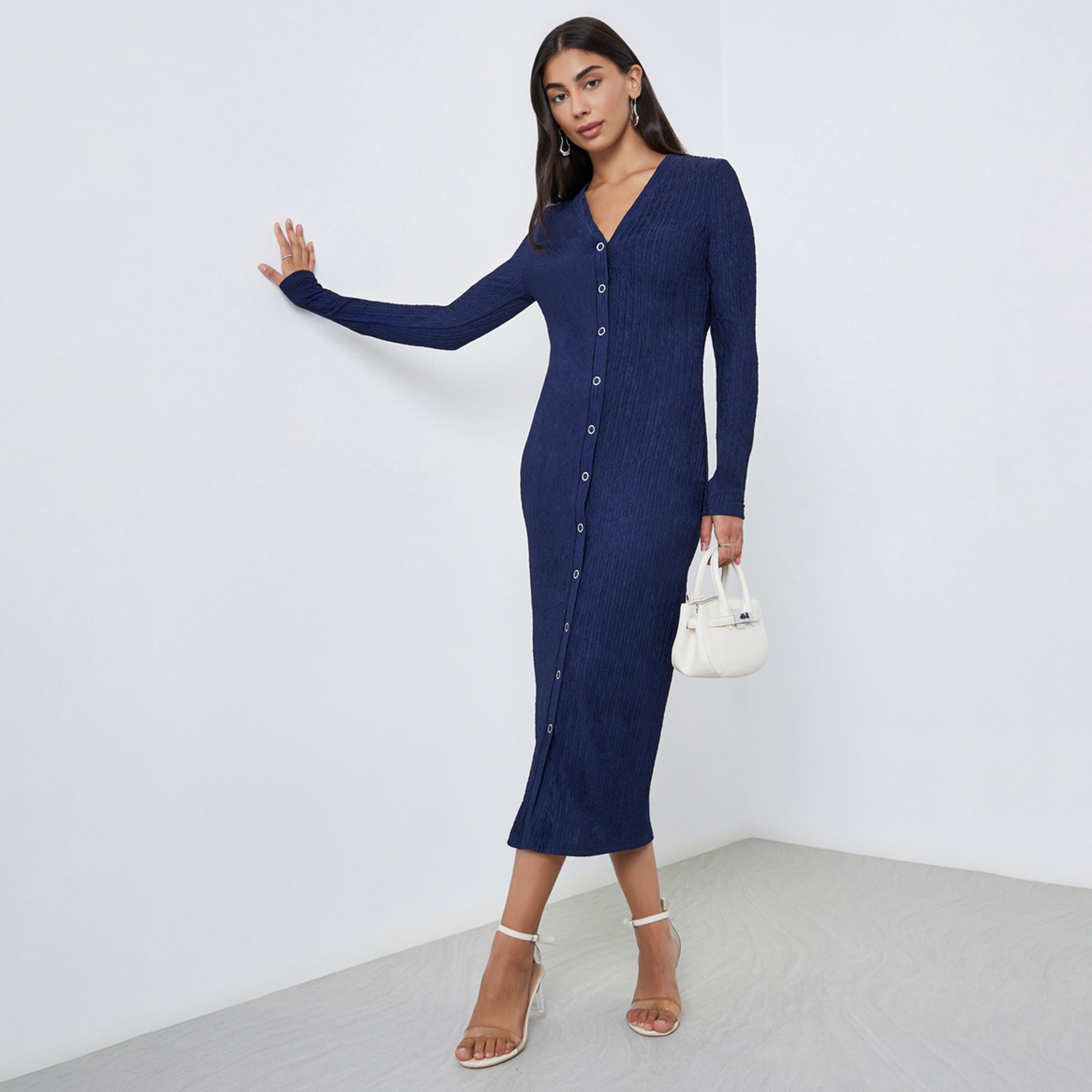 Styli Blue Textured Midi Dress with Button Detail-women-clothing-dresses-image-1
