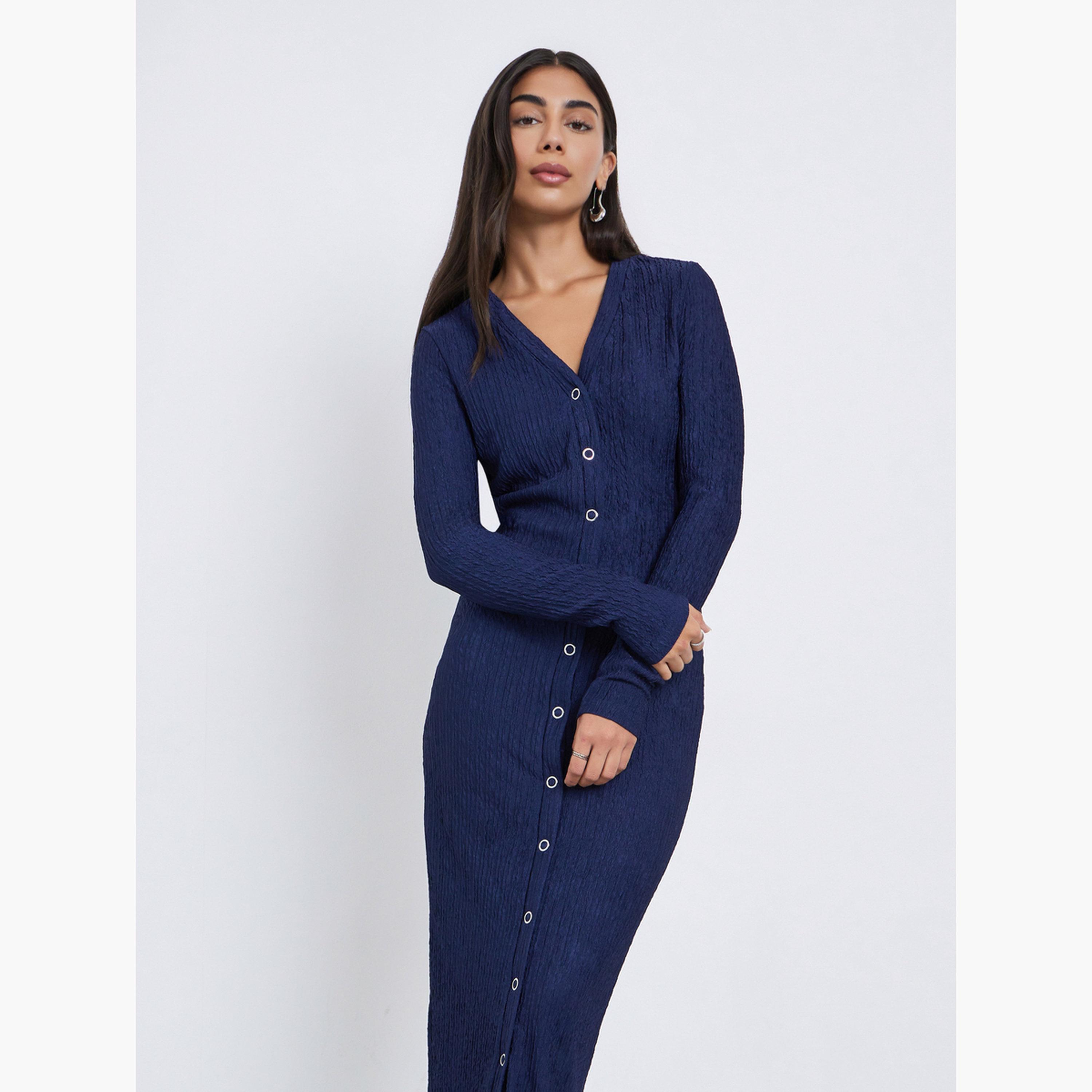 Styli Blue Textured Midi Dress with Button Detail-women-clothing-dresses-image-2