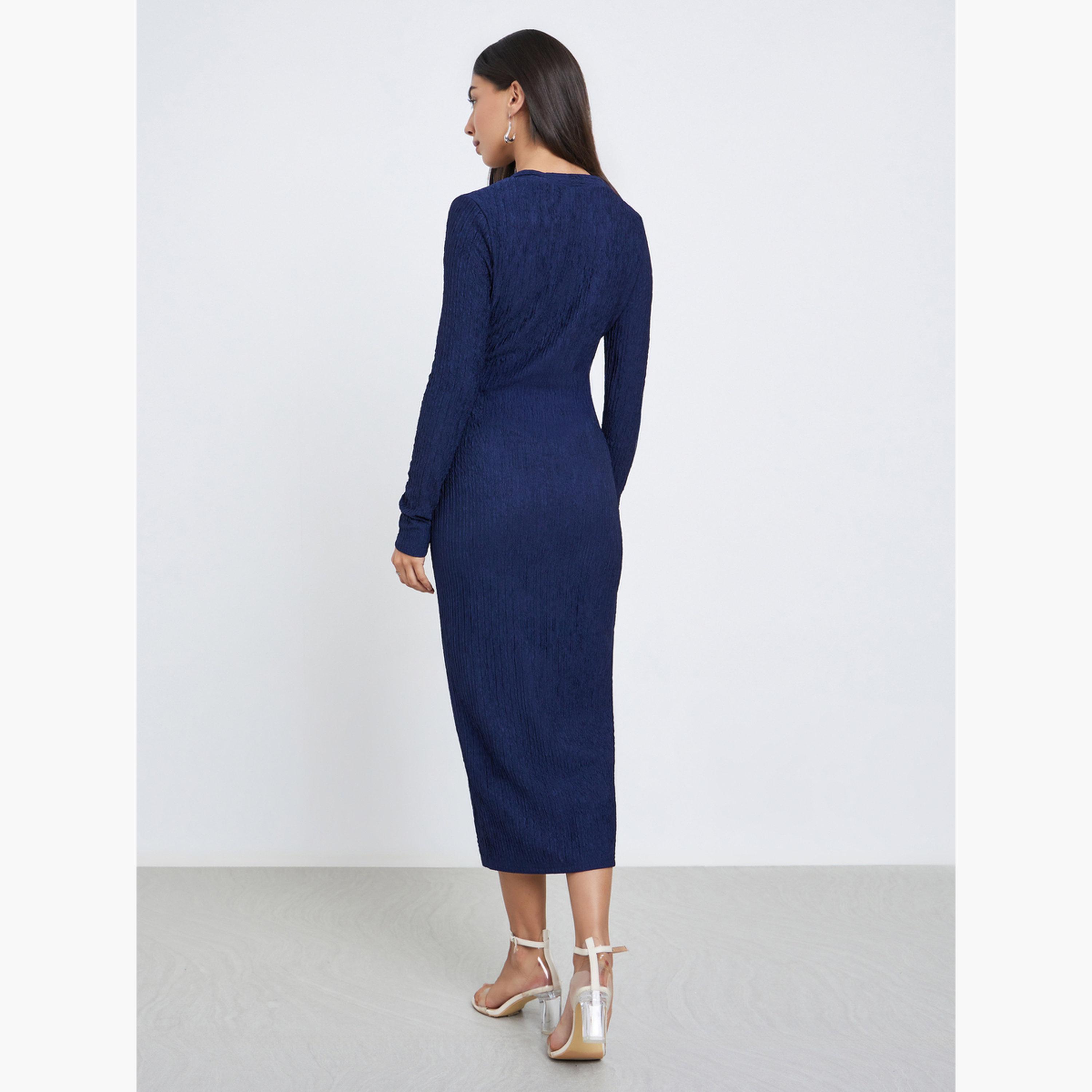 Styli Blue Textured Midi Dress with Button Detail-women-clothing-dresses-image-3