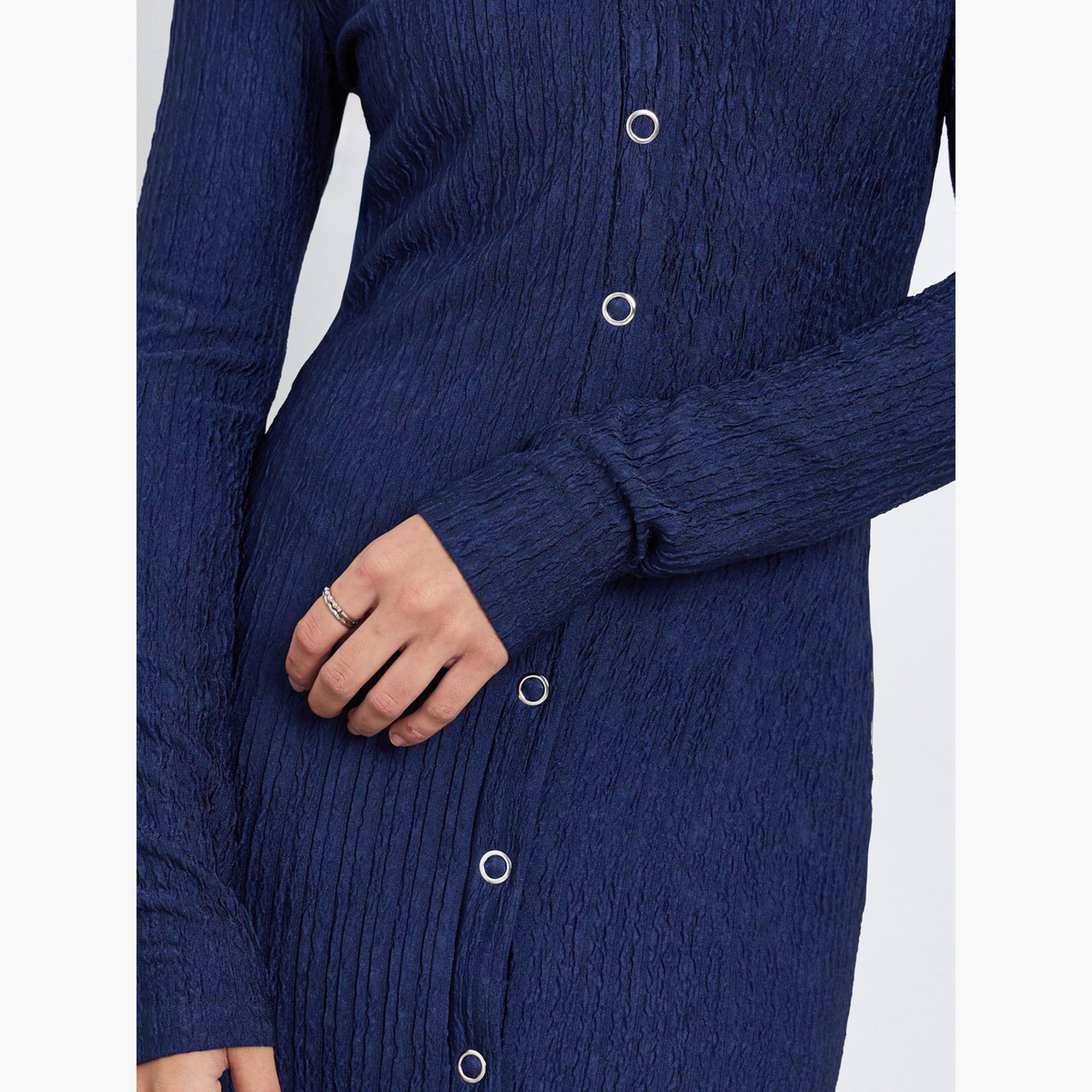 Styli Blue Textured Midi Dress with Button Detail-women-clothing-dresses-image-4