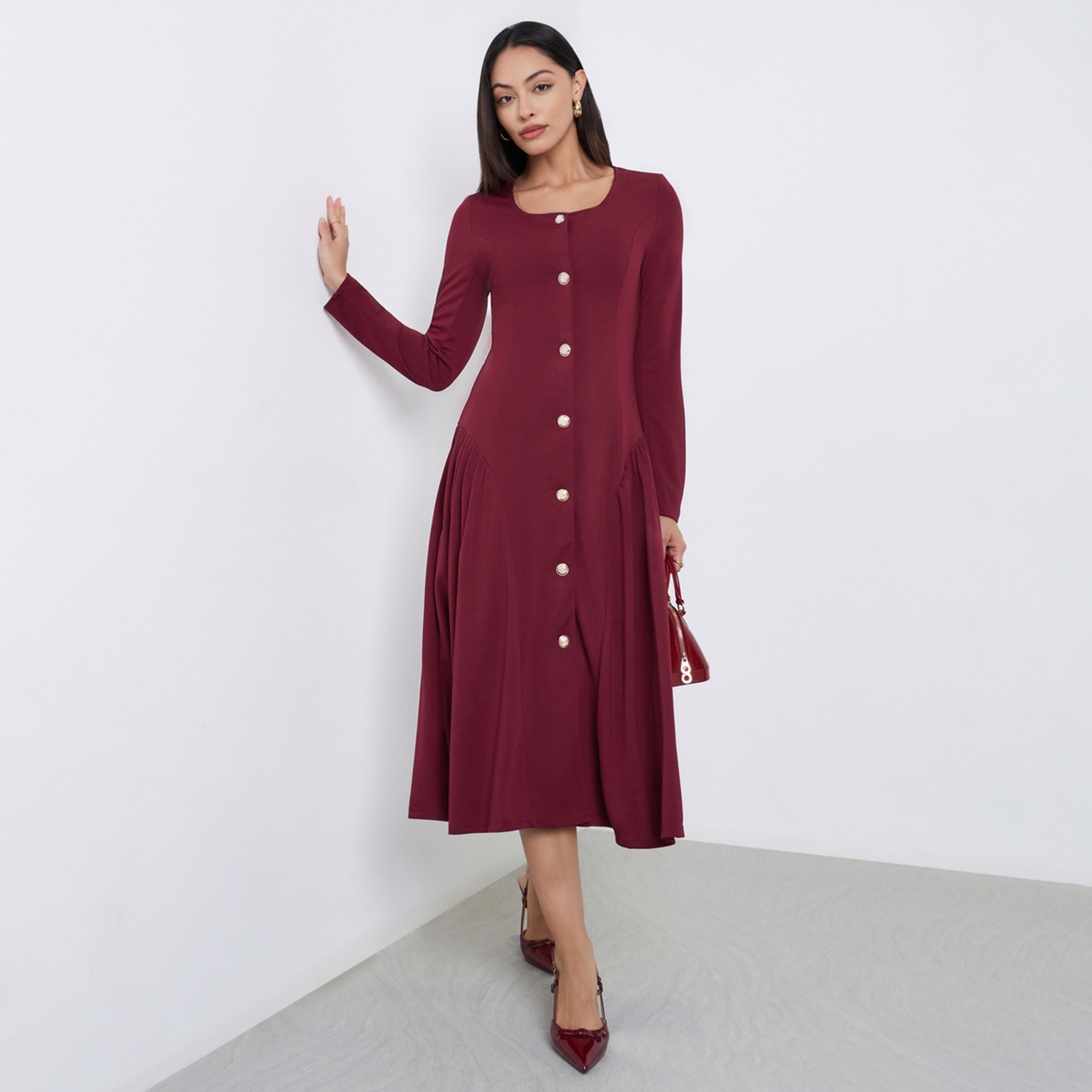 ستايلي - فستان متوسط ​​الطول بكسرات لون برغندي-women-clothing-dresses-image-1