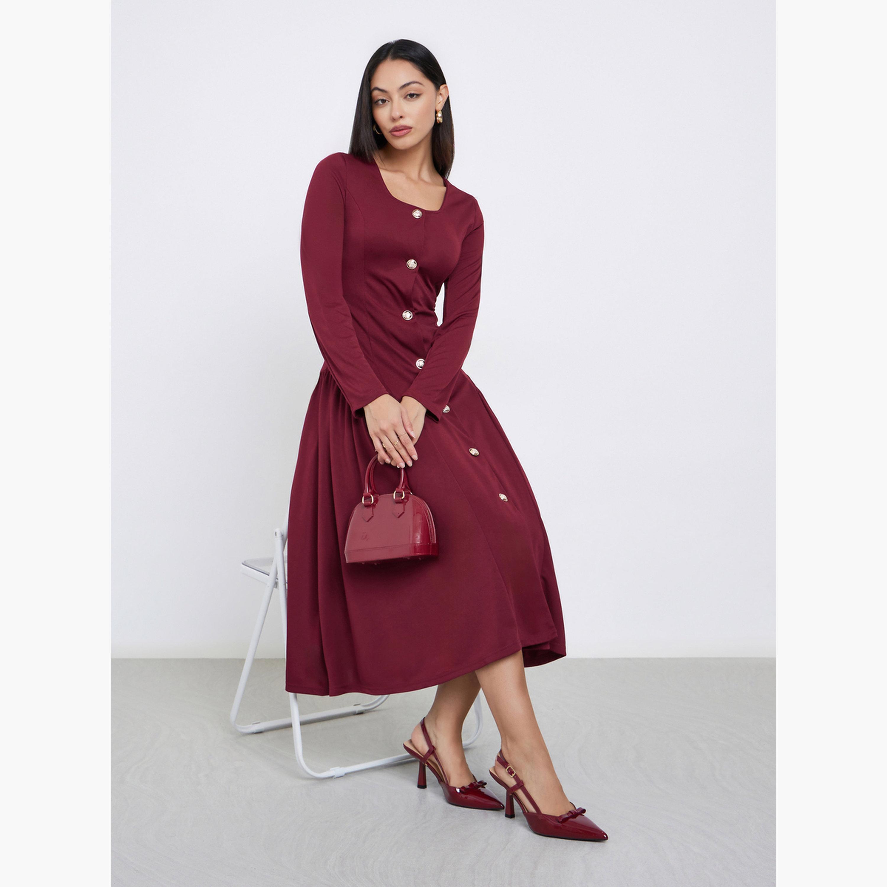 ستايلي - فستان متوسط ​​الطول بكسرات لون برغندي-women-clothing-dresses-image-2