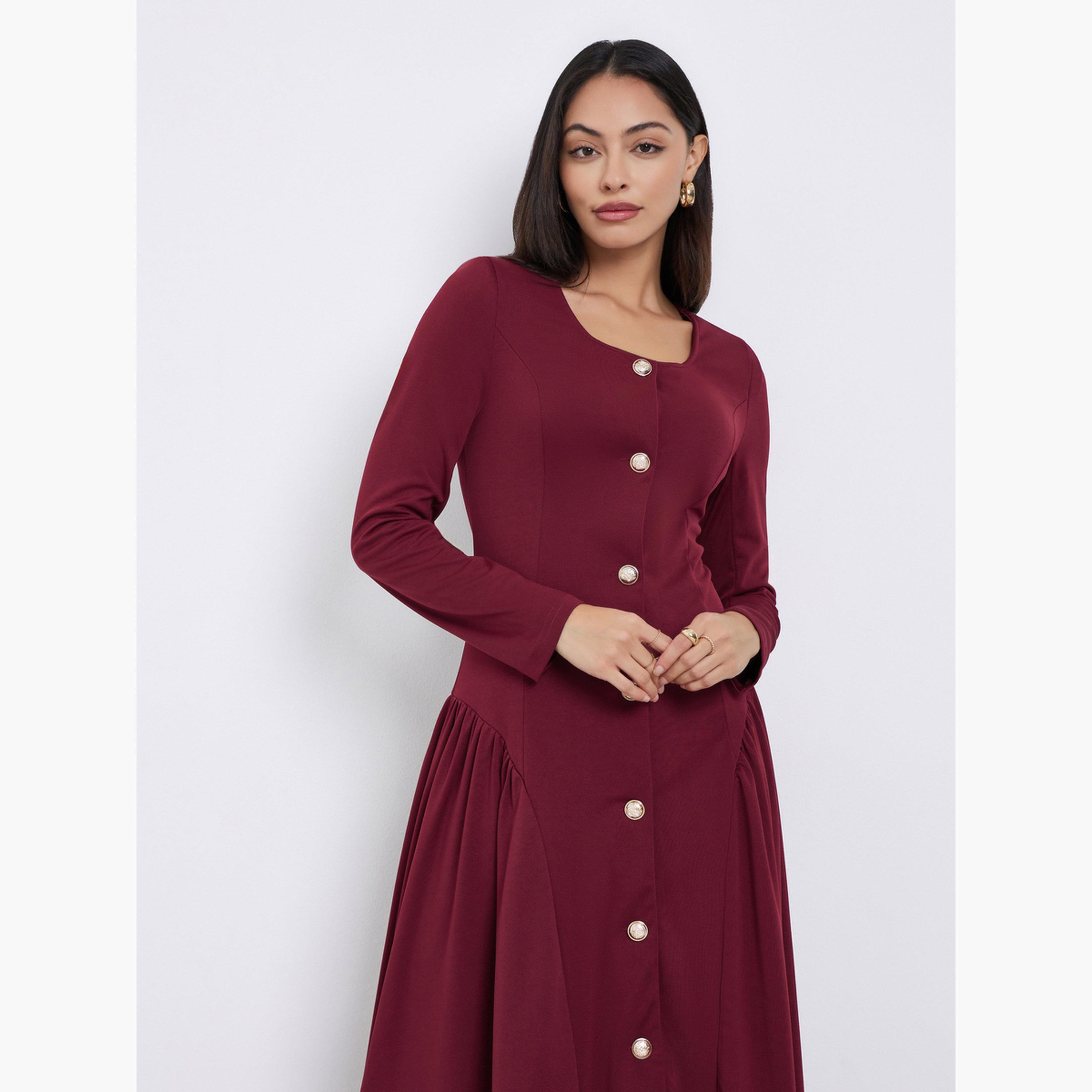 Styli Maroon Pleated A-Line Midi Dress-women-clothing-dresses-image-3