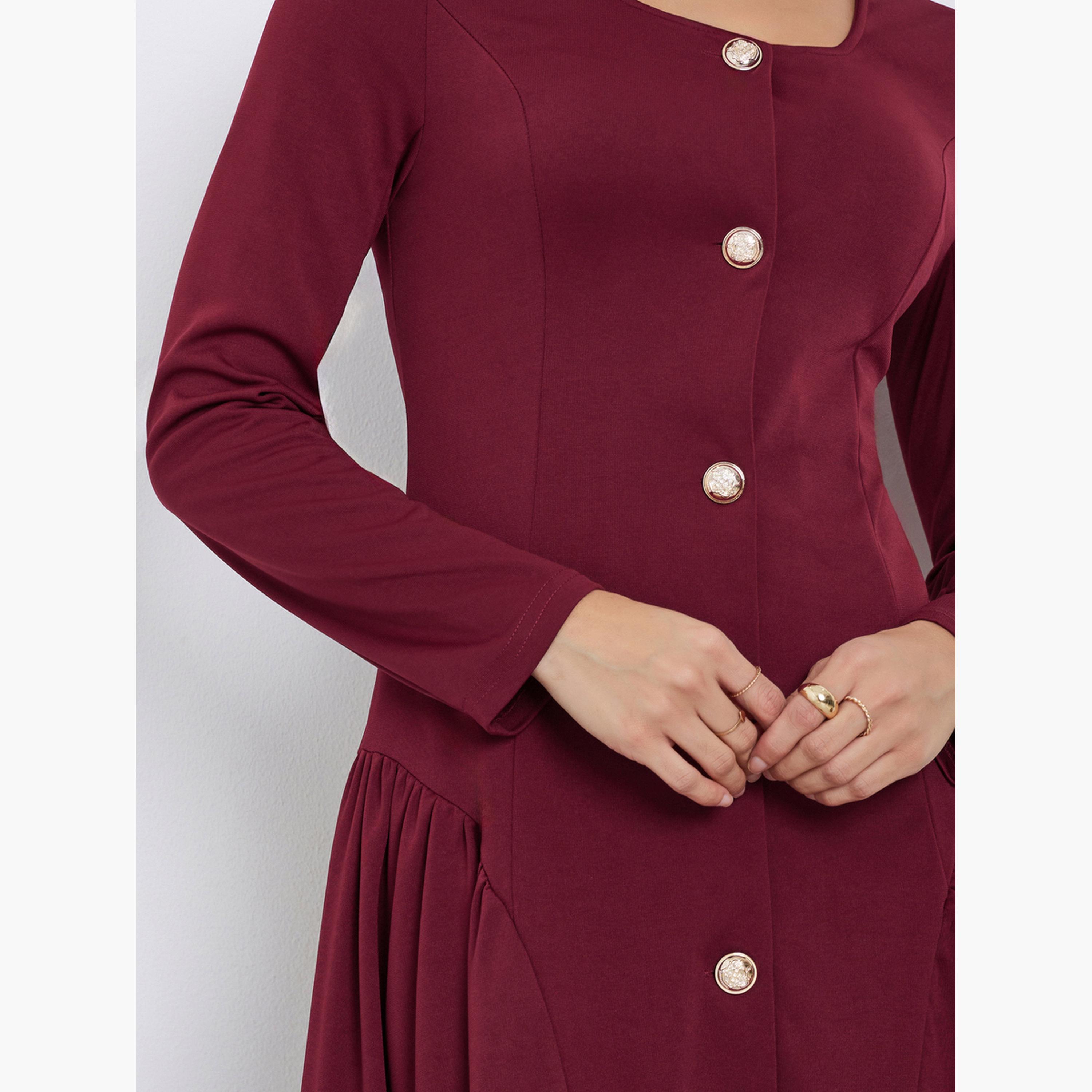 ستايلي - فستان متوسط ​​الطول بكسرات لون برغندي-women-clothing-dresses-image-4