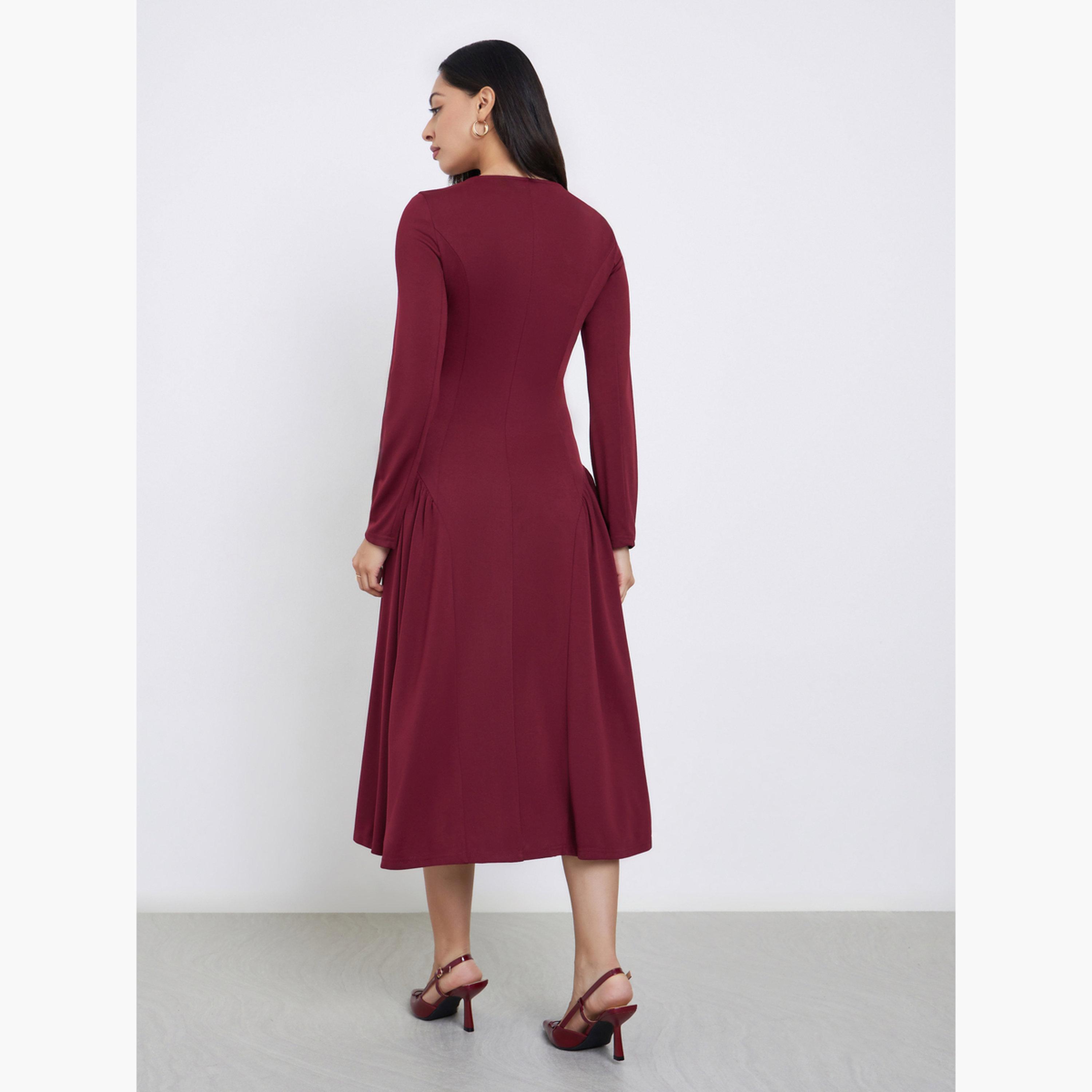 Styli Maroon Pleated A-Line Midi Dress-women-clothing-dresses-image-5