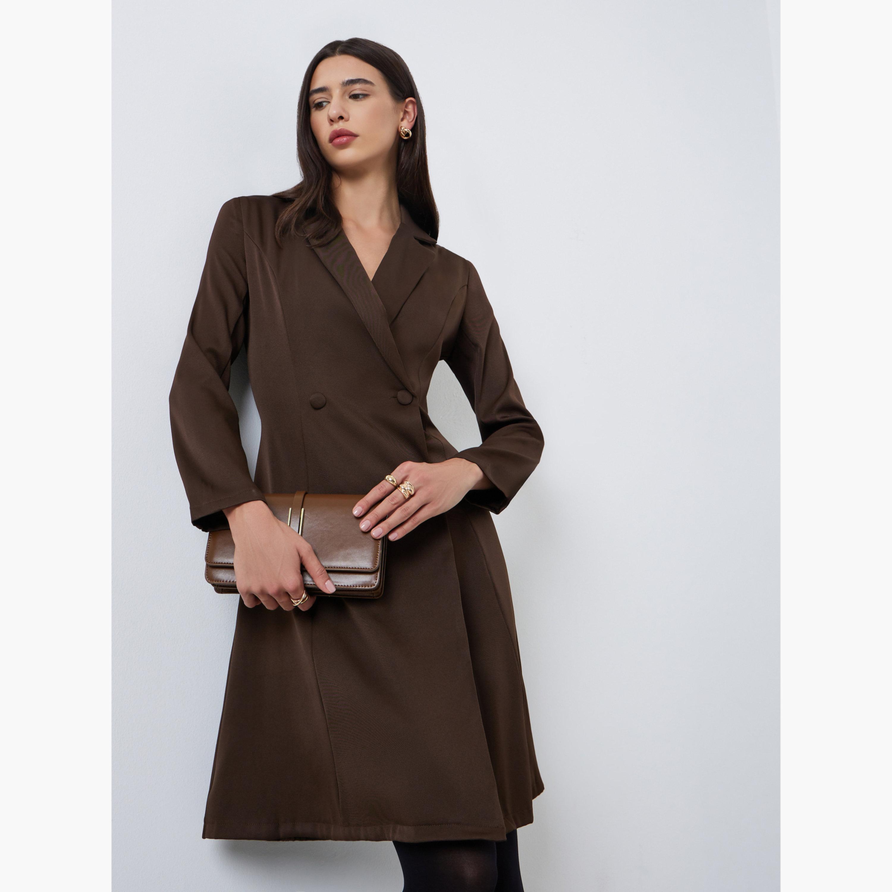 Styli Women Brown Double Breasted Blazer Knee Length Dress-women-clothing-dresses-image-1