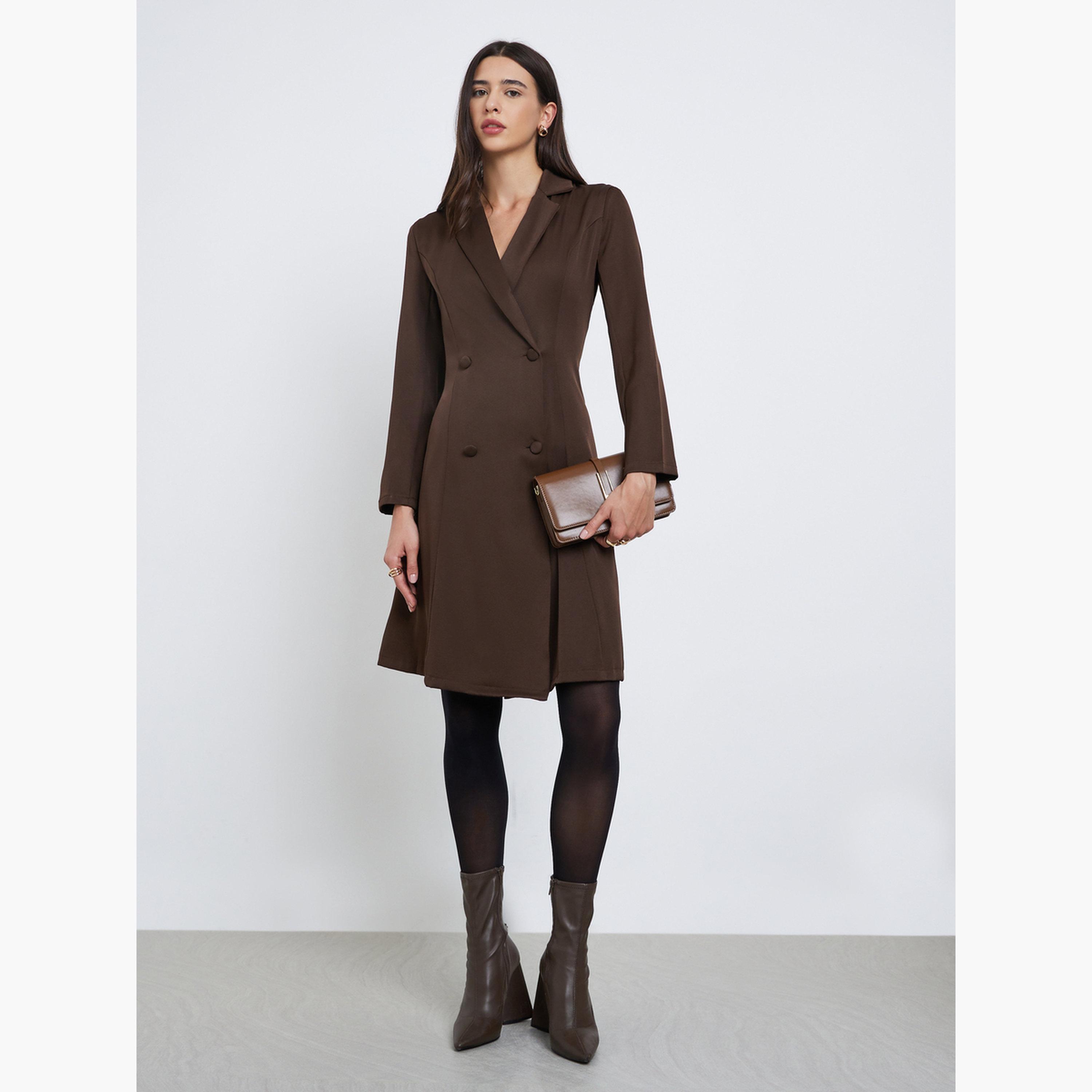 Styli Women Brown Double Breasted Blazer Knee Length Dress-women-clothing-dresses-image-2