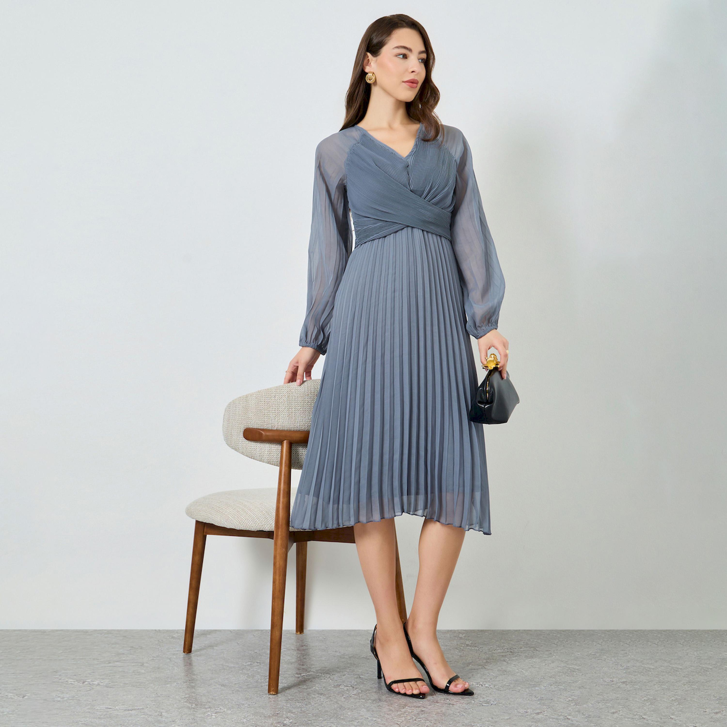 Styli Grey Pleated Balloon Sleeve Wrap Midi Dress-women-clothing-dresses-image-1