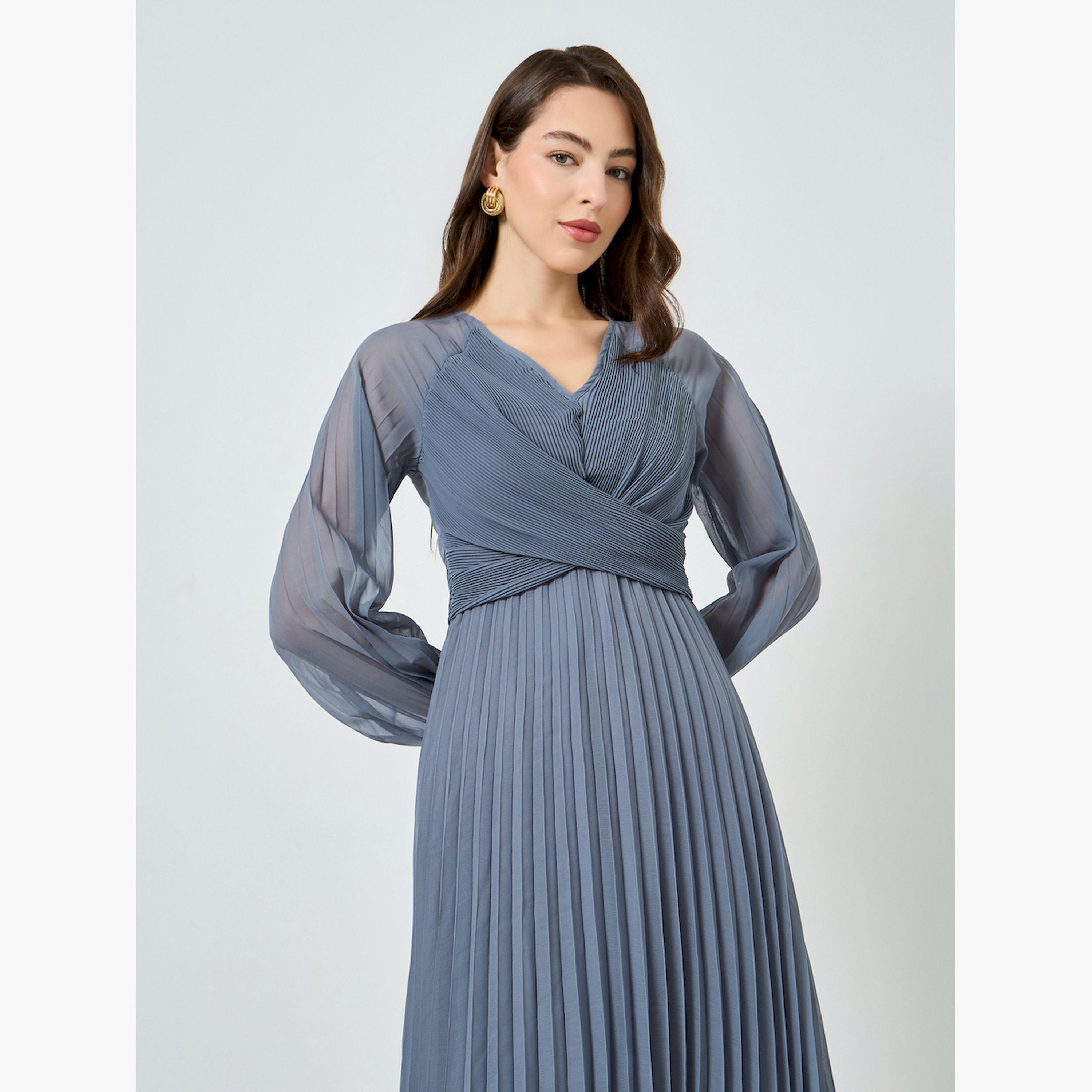 فستان ميدي رمادي بنمط لف بليسيه وأكمام بالون-women-clothing-dresses-image-2