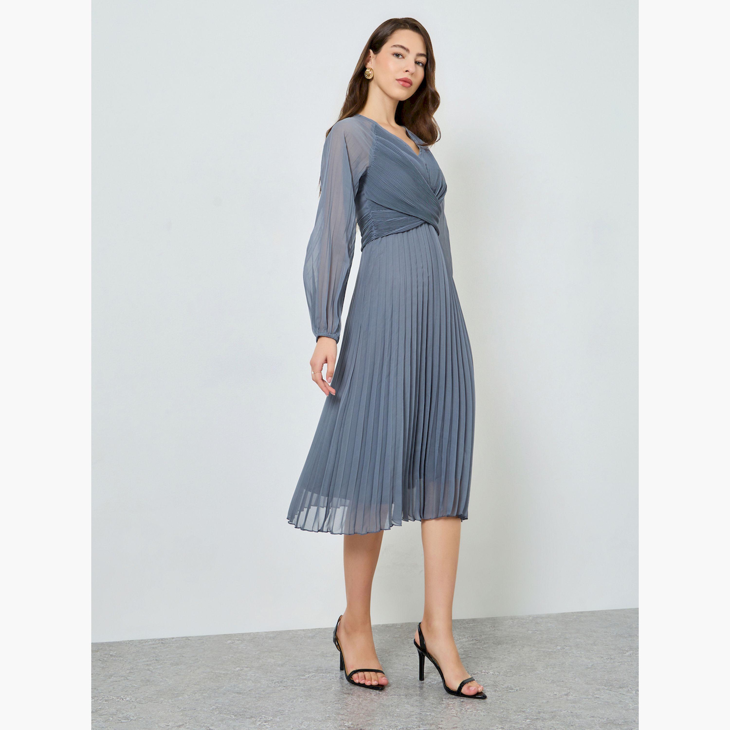Styli Grey Pleated Balloon Sleeve Wrap Midi Dress-women-clothing-dresses-image-3