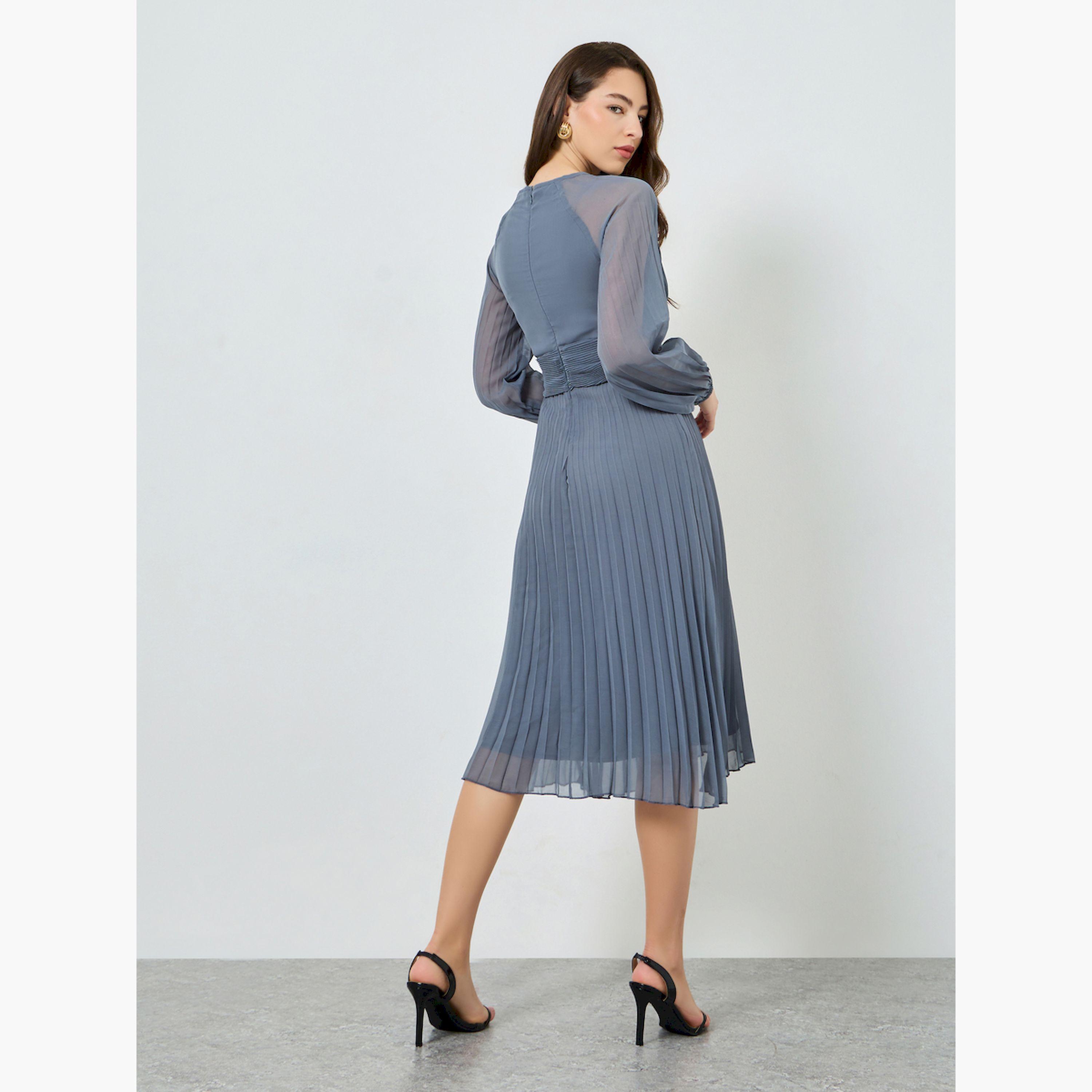 Styli Grey Pleated Balloon Sleeve Wrap Midi Dress-women-clothing-dresses-image-4