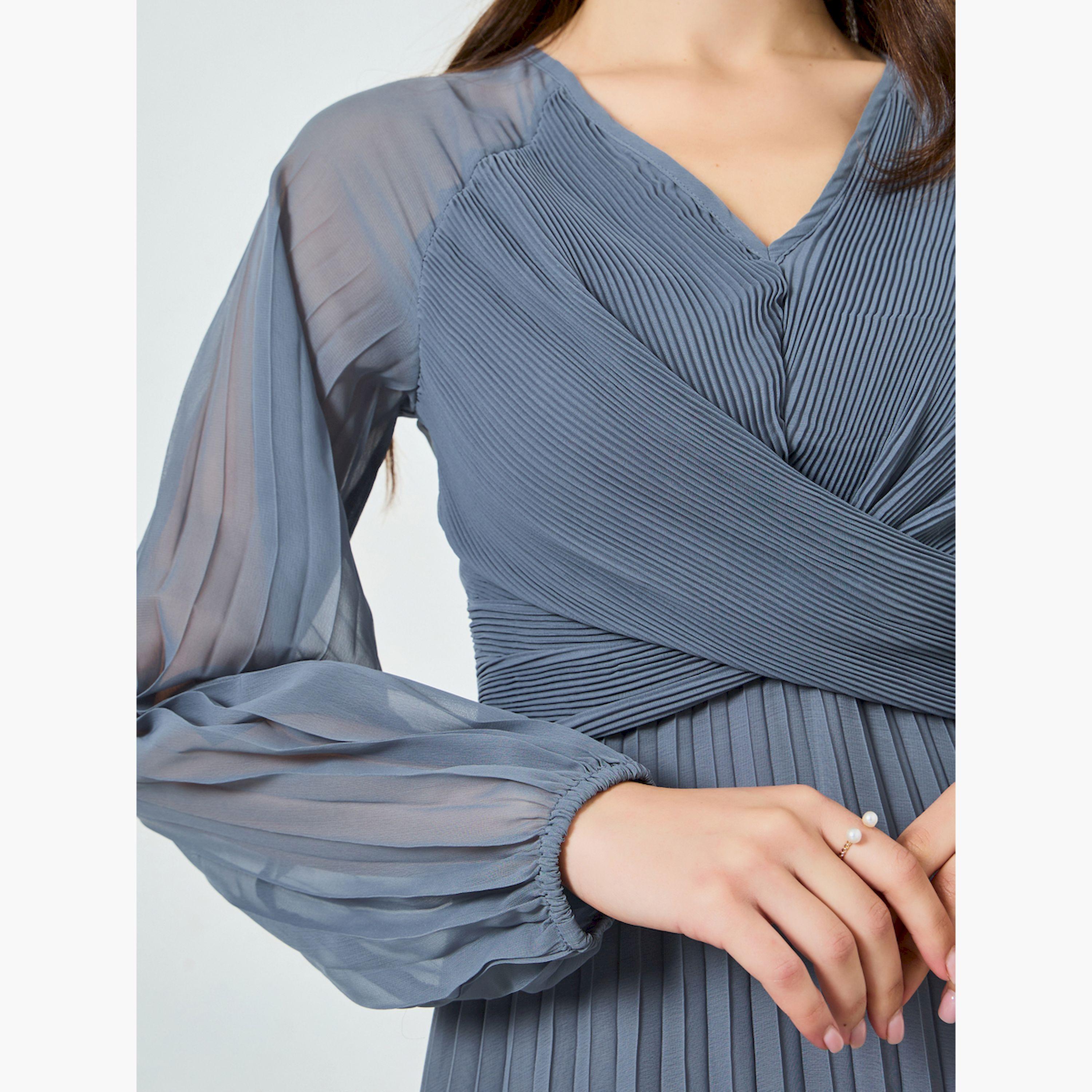 Styli Grey Pleated Balloon Sleeve Wrap Midi Dress-women-clothing-dresses-image-5