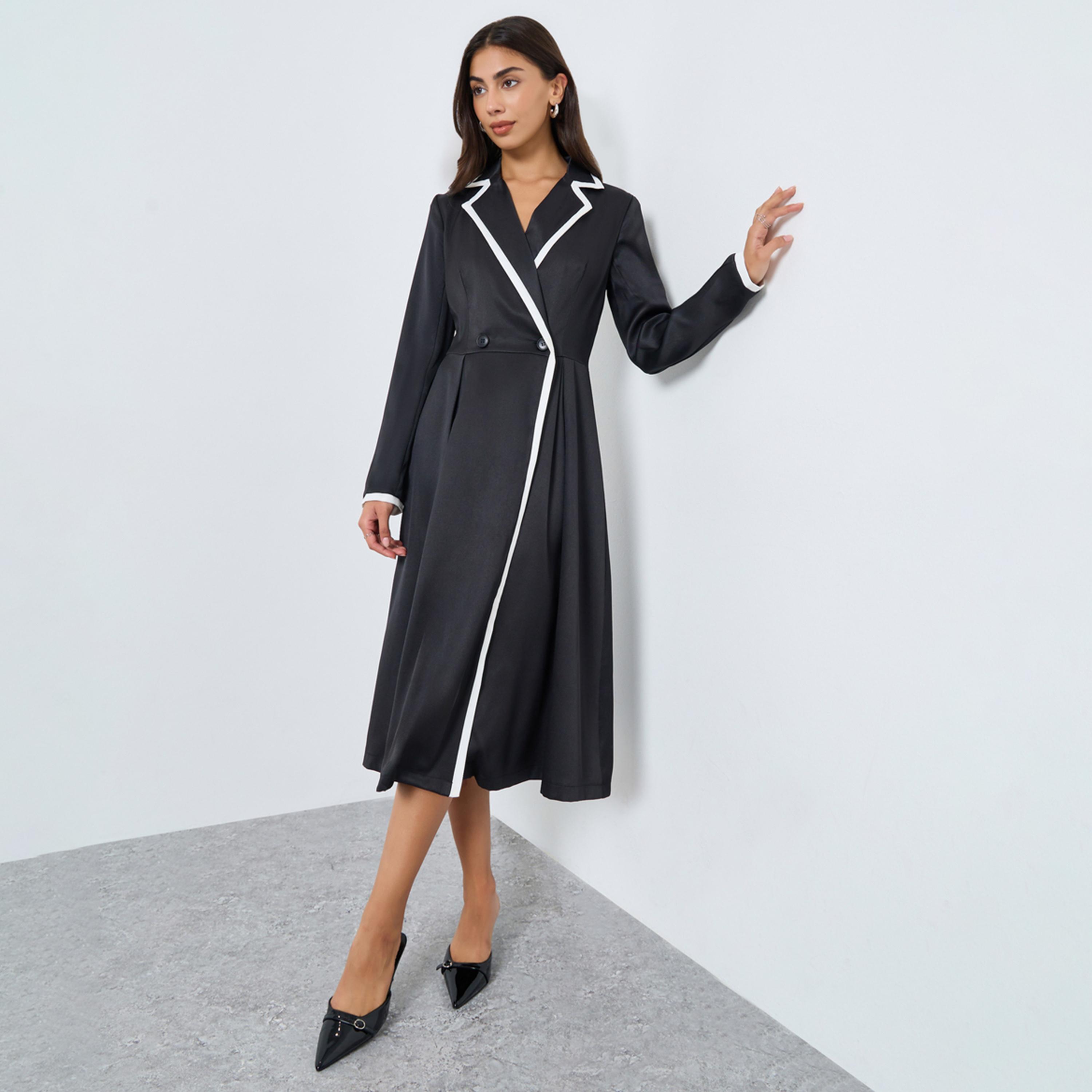 ستايلي - فستان بليزر متوسط ​​الطول بلوحة متباينة لون أسود-women-clothing-dresses-image-1