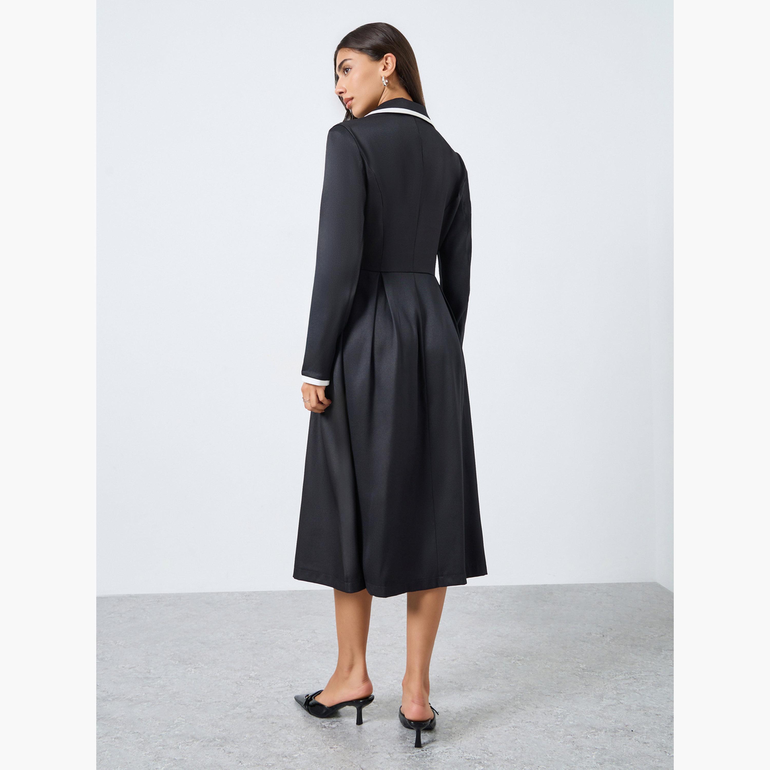 ستايلي - فستان بليزر متوسط ​​الطول بلوحة متباينة لون أسود-women-clothing-dresses-image-4