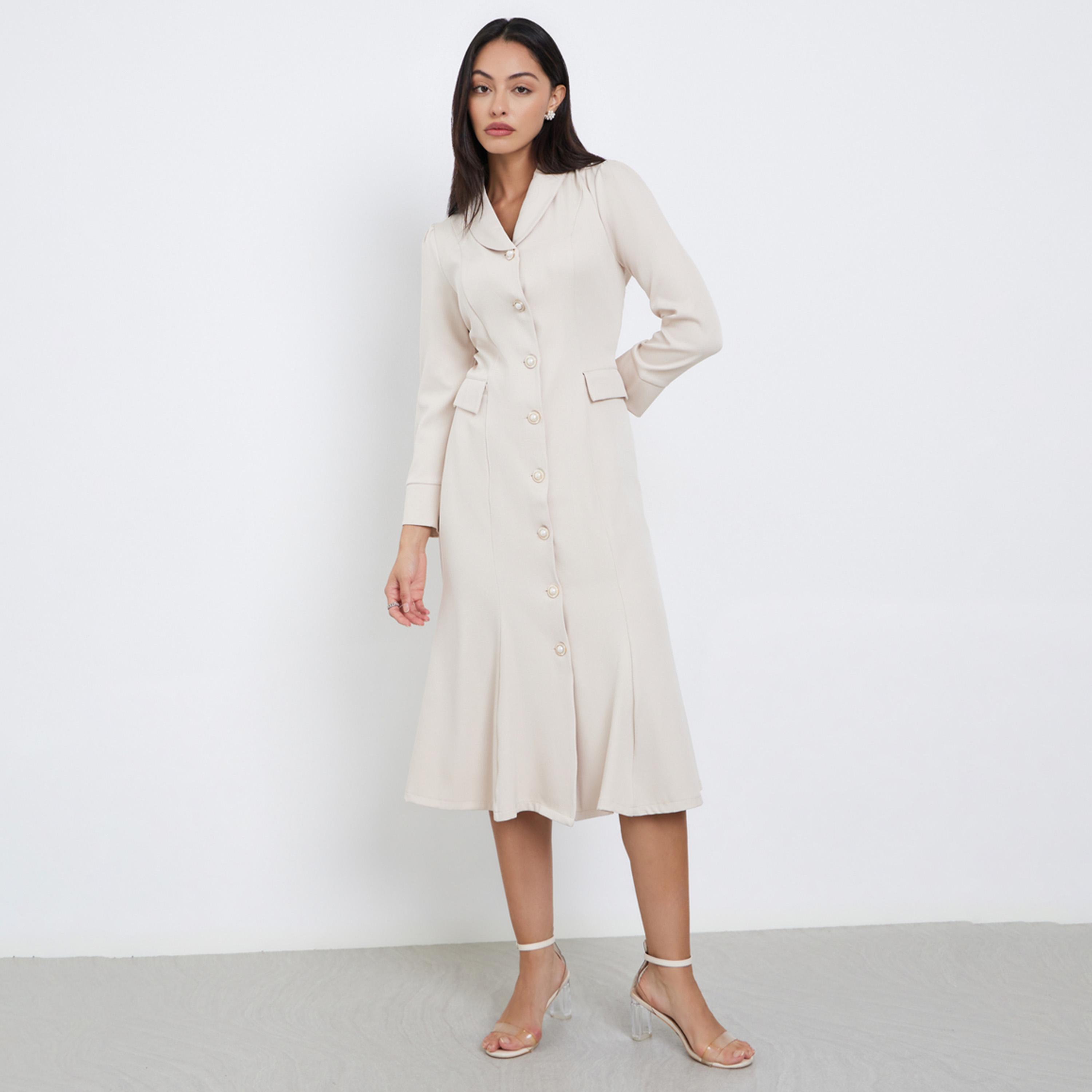ستايلي - فستان بليزر متوسط ​​الطول بأكمام طويلة لون بيج-women-clothing-dresses-image-1