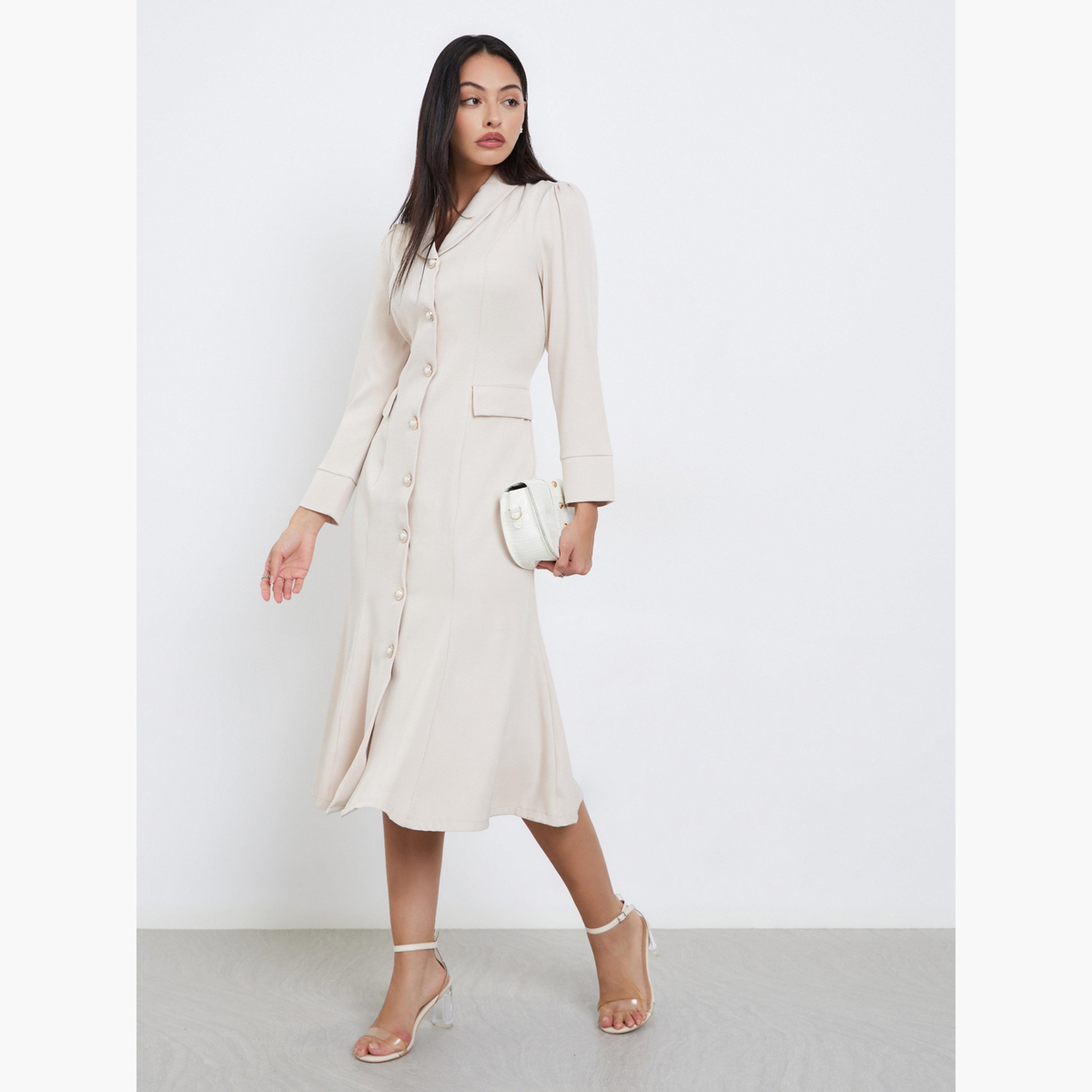 ستايلي - فستان بليزر متوسط ​​الطول بأكمام طويلة لون بيج-women-clothing-dresses-image-2