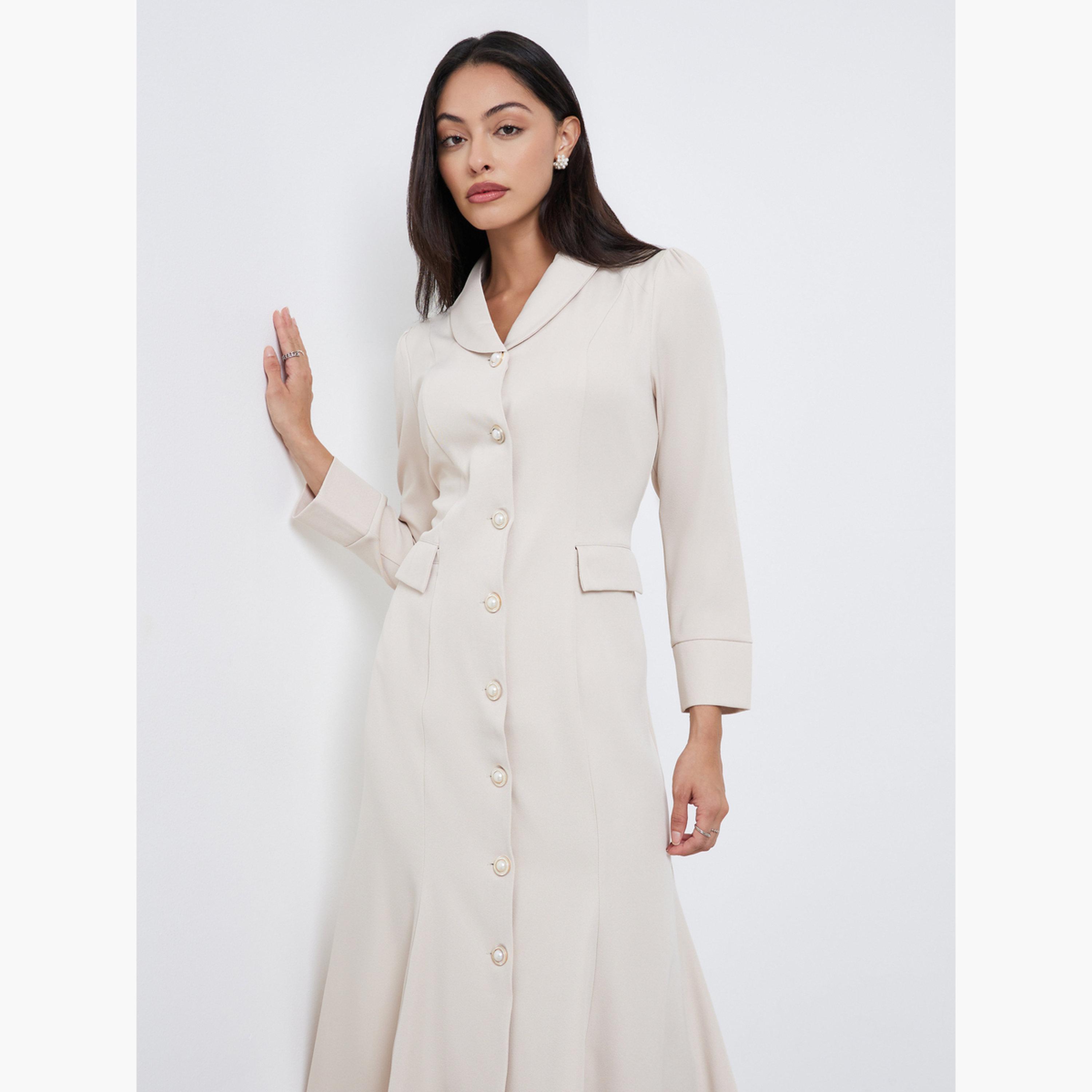 ستايلي - فستان بليزر متوسط ​​الطول بأكمام طويلة لون بيج-women-clothing-dresses-image-3