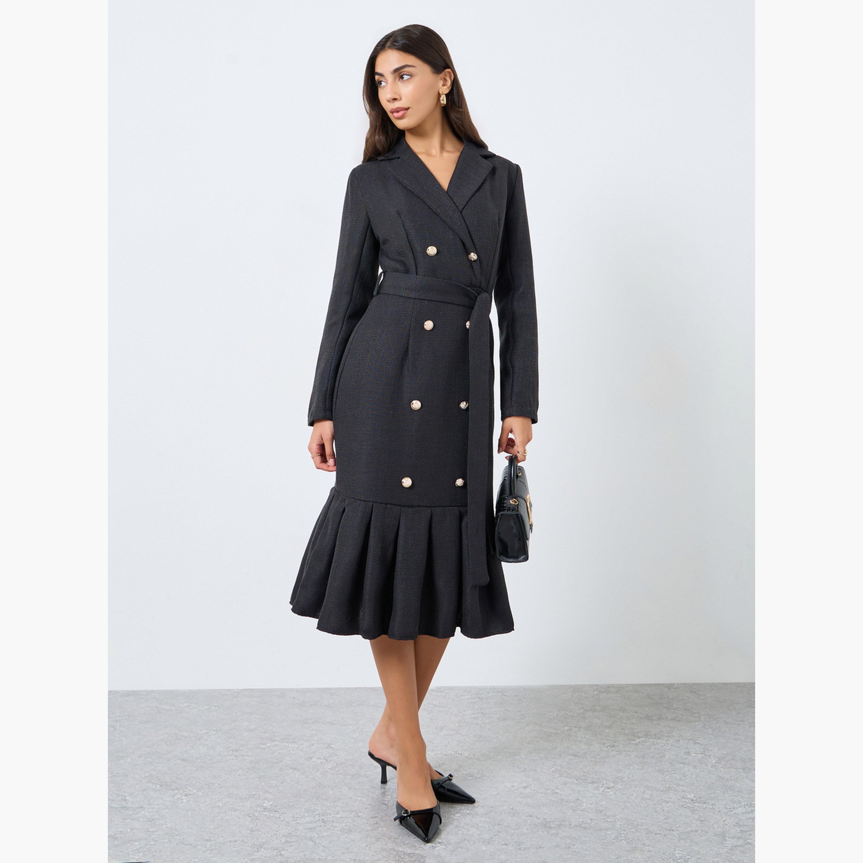 ستايلي - فستان بليزر متوسط ​​الطول بحافة حورية البحر باللون الأسود للنساء-women-clothing-dresses-image-1