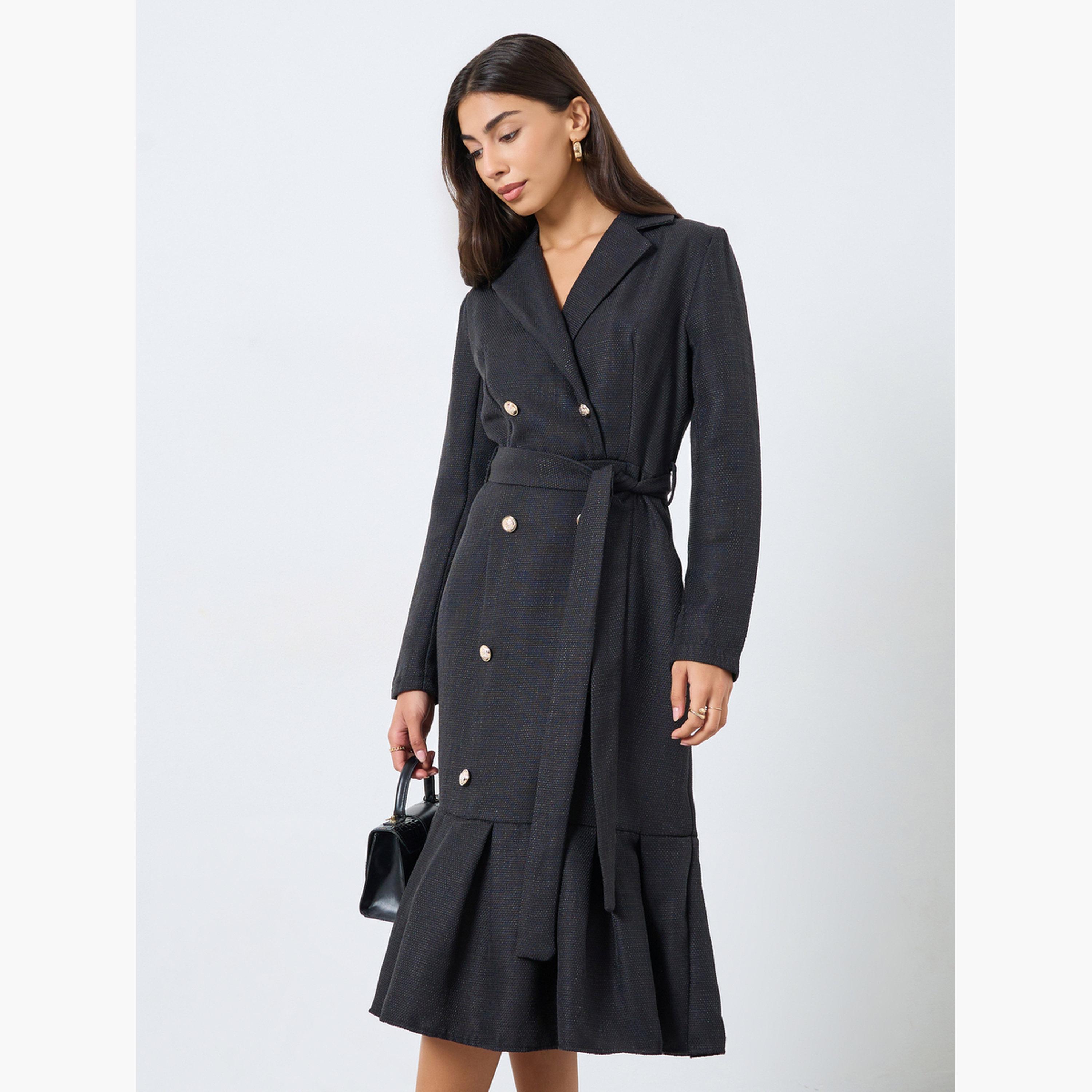 ستايلي - فستان بليزر متوسط ​​الطول بحافة حورية البحر باللون الأسود للنساء-women-clothing-dresses-image-2