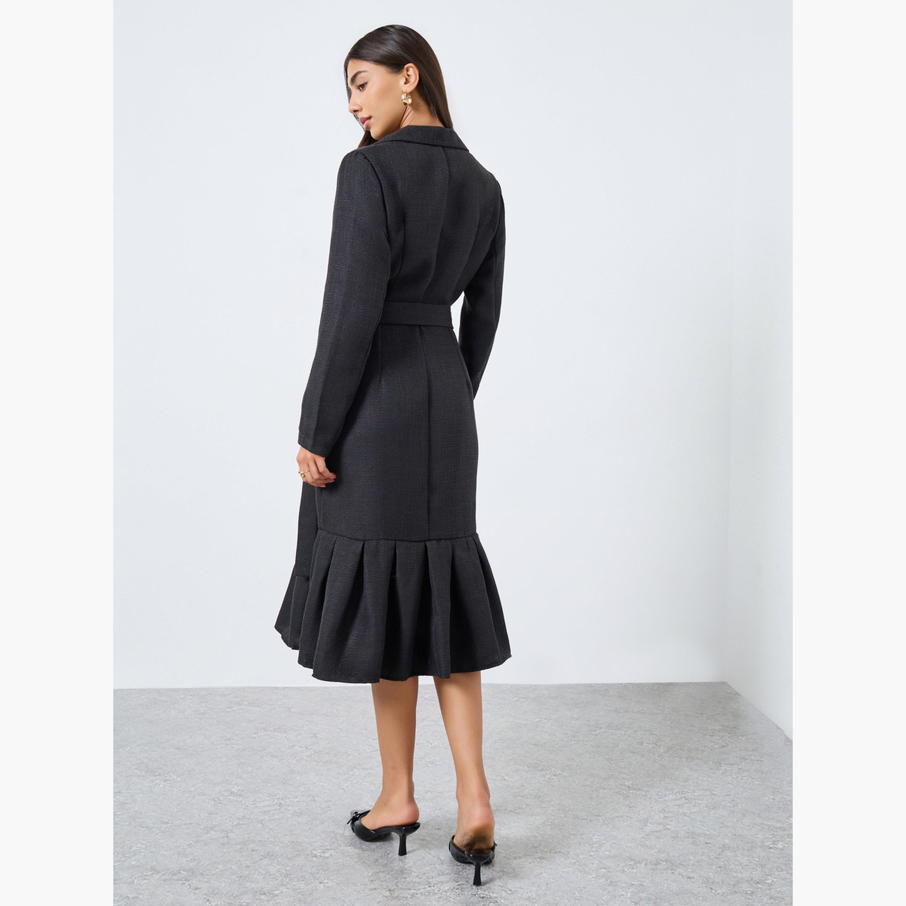 ستايلي - فستان بليزر متوسط ​​الطول بحافة حورية البحر باللون الأسود للنساء-women-clothing-dresses-image-3