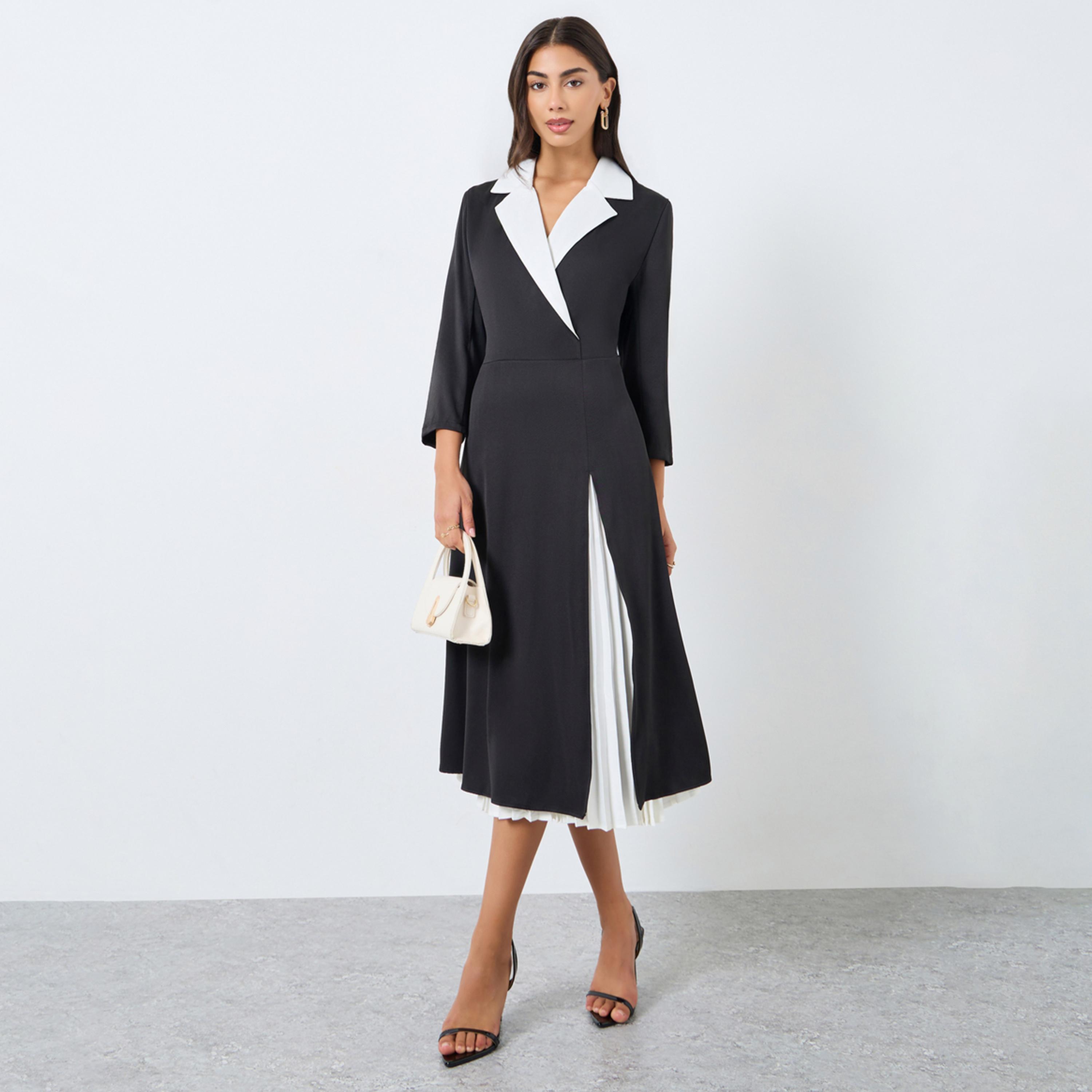 Styli Color Block Pleated Insert Blazer Midi Dress-women-clothing-dresses-image-1