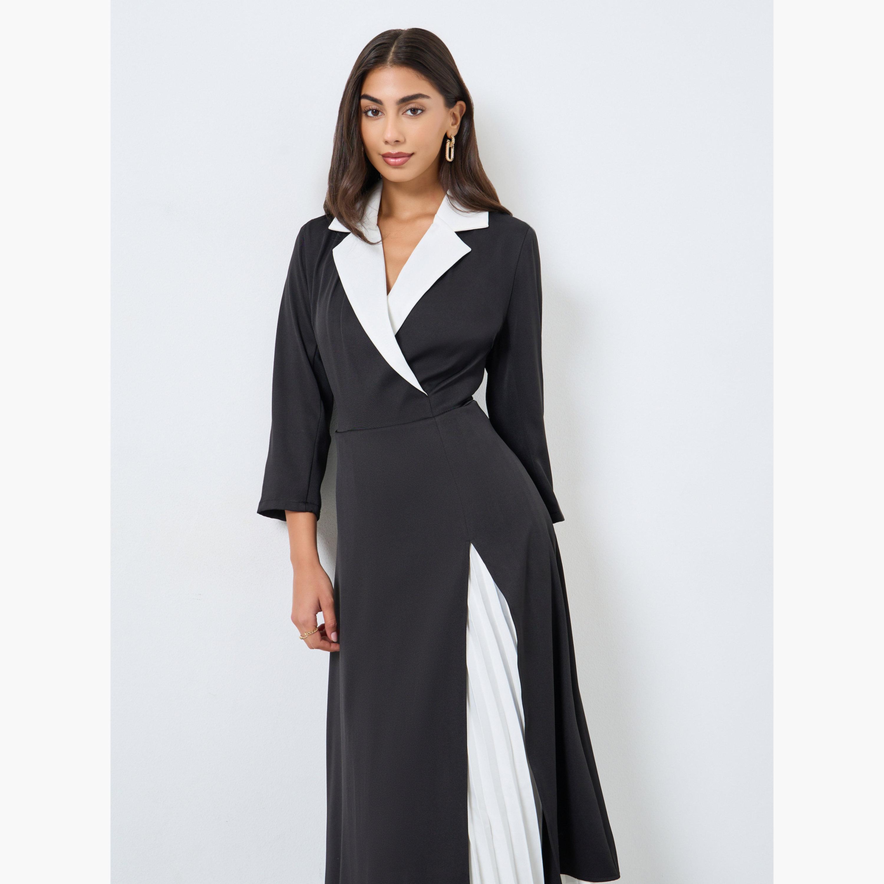 Styli Color Block Pleated Insert Blazer Midi Dress-women-clothing-dresses-image-2