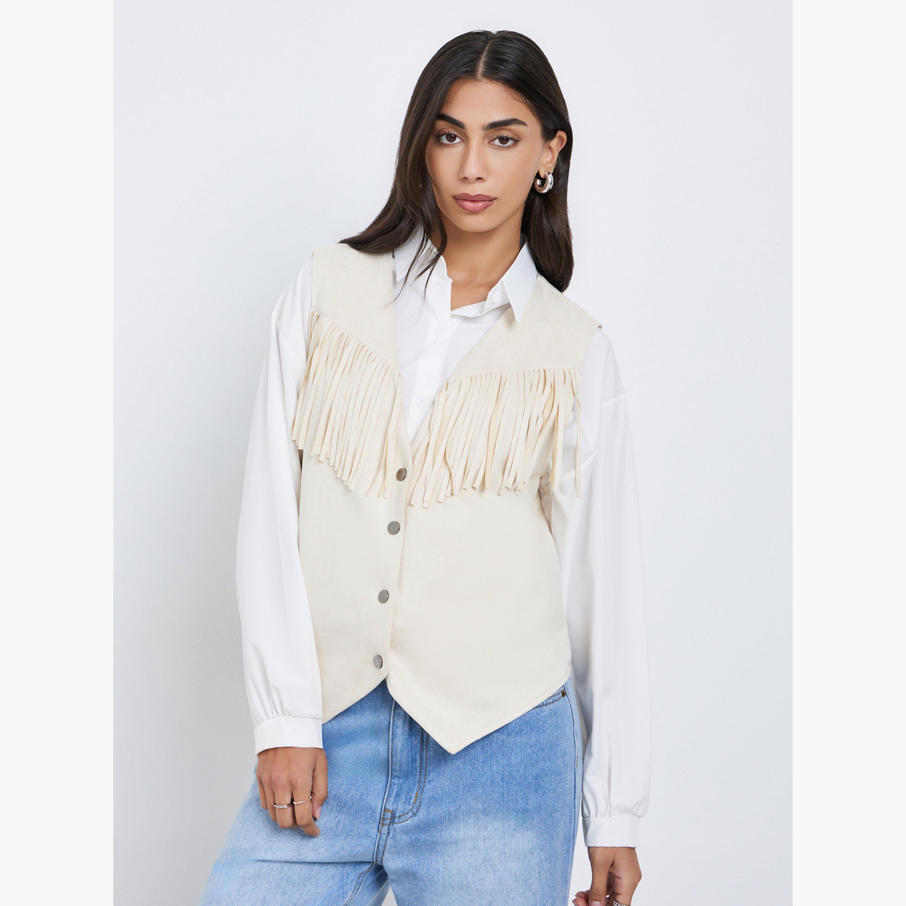 Styli Women Cream Suede Look Fringe Vest-women-clothing-shirtsandblouses-shirts-image-3