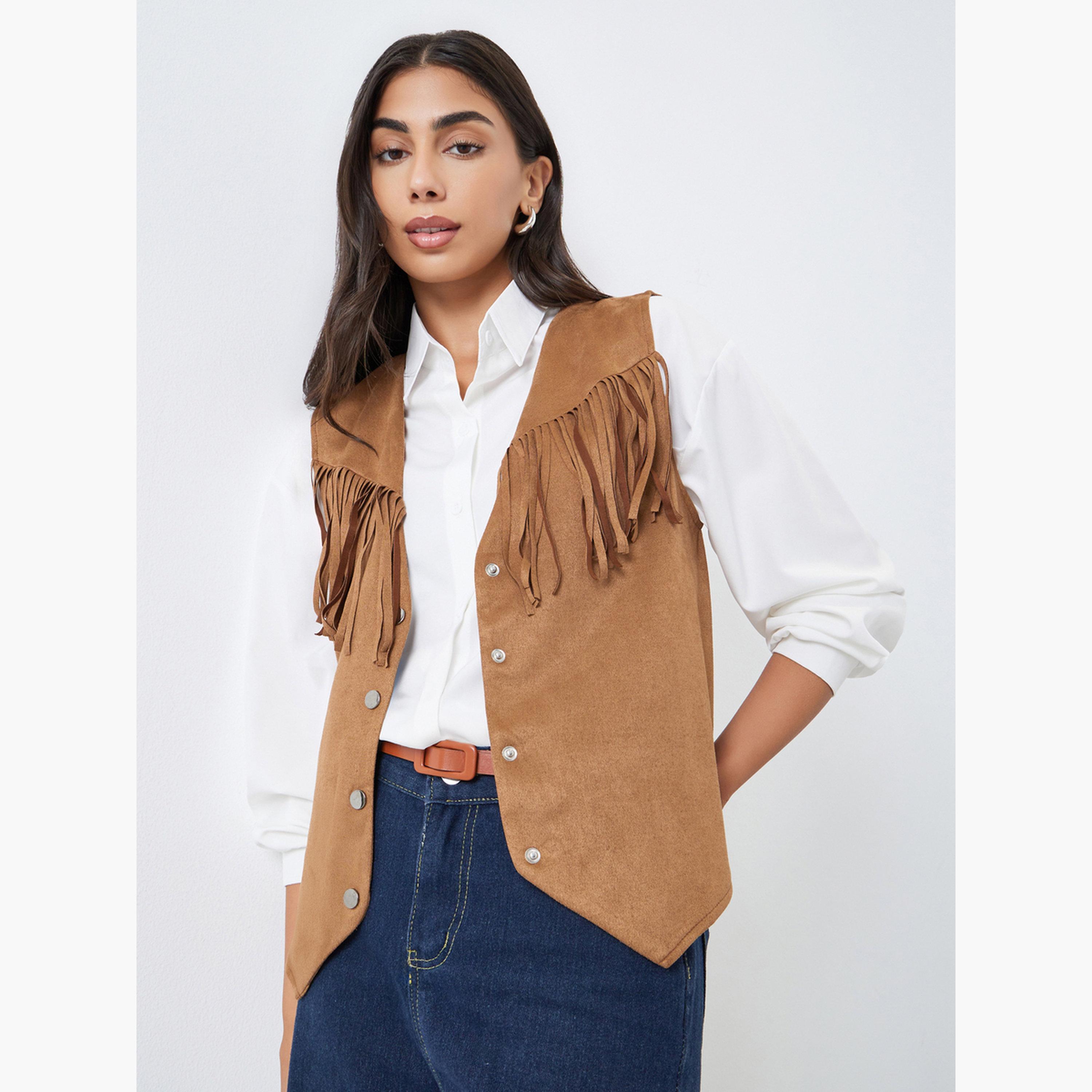 ستايلي - سترة ذات شراشيب بمظهر جلد السويد بني للنساء-women-clothing-shirtsandblouses-shirts-image-1