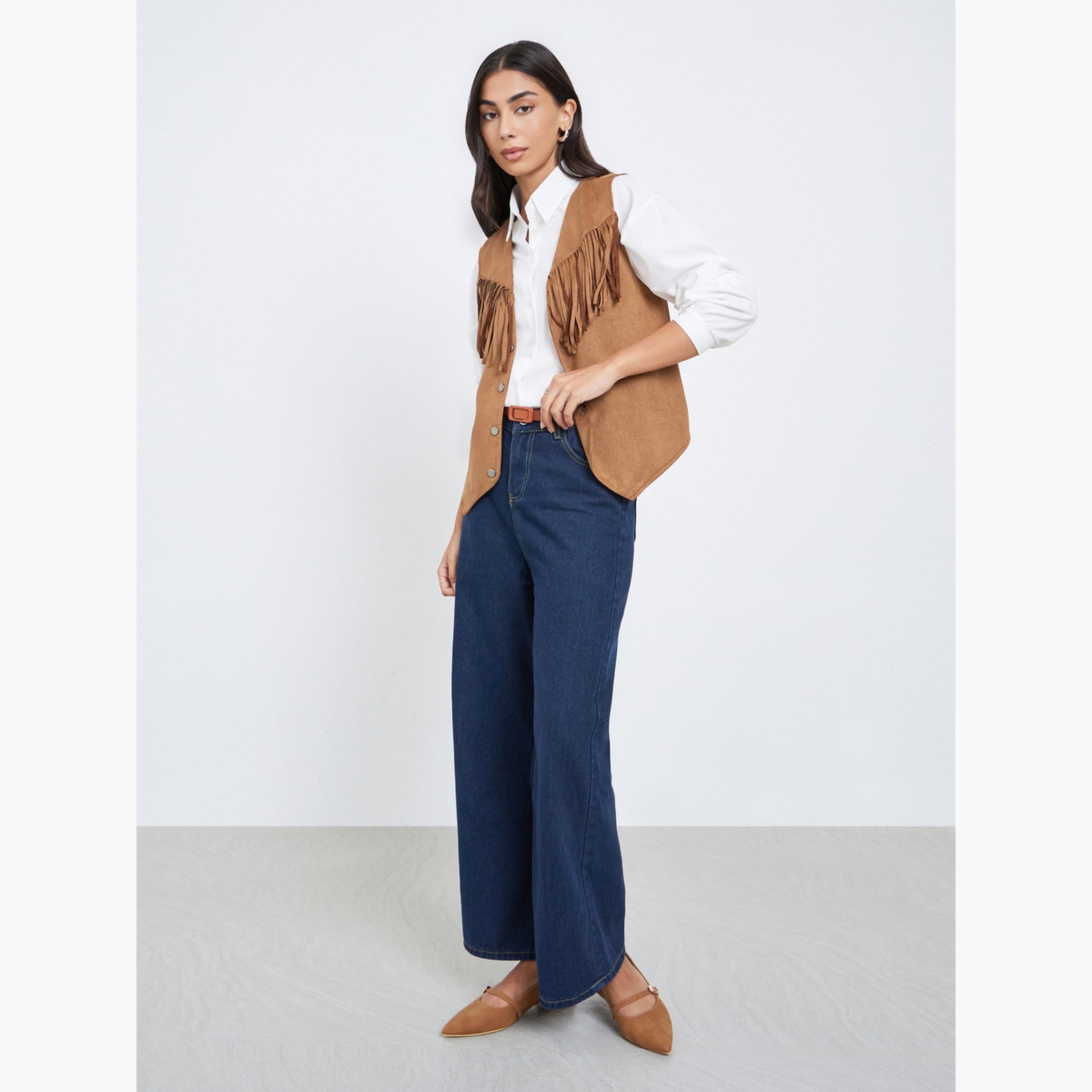 ستايلي - سترة ذات شراشيب بمظهر جلد السويد بني للنساء-women-clothing-shirtsandblouses-shirts-image-2