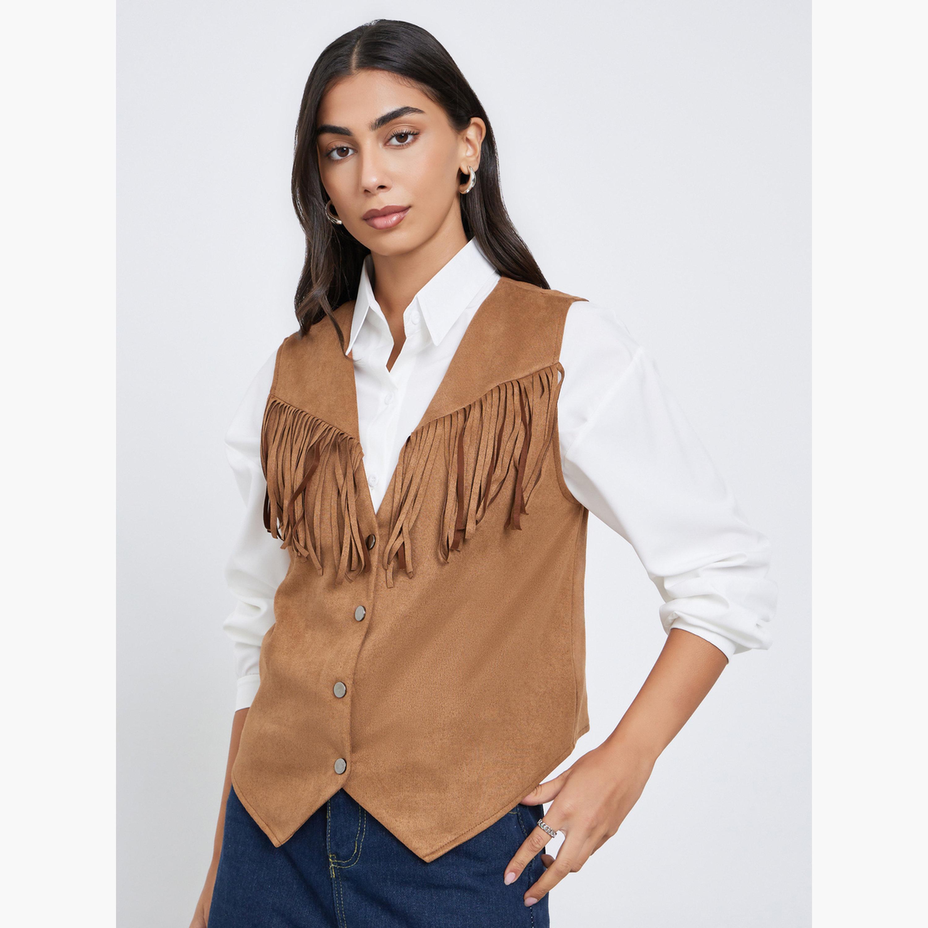 Styli Women Tan Suede Look Fringe Vest-women-clothing-shirtsandblouses-shirts-image-3