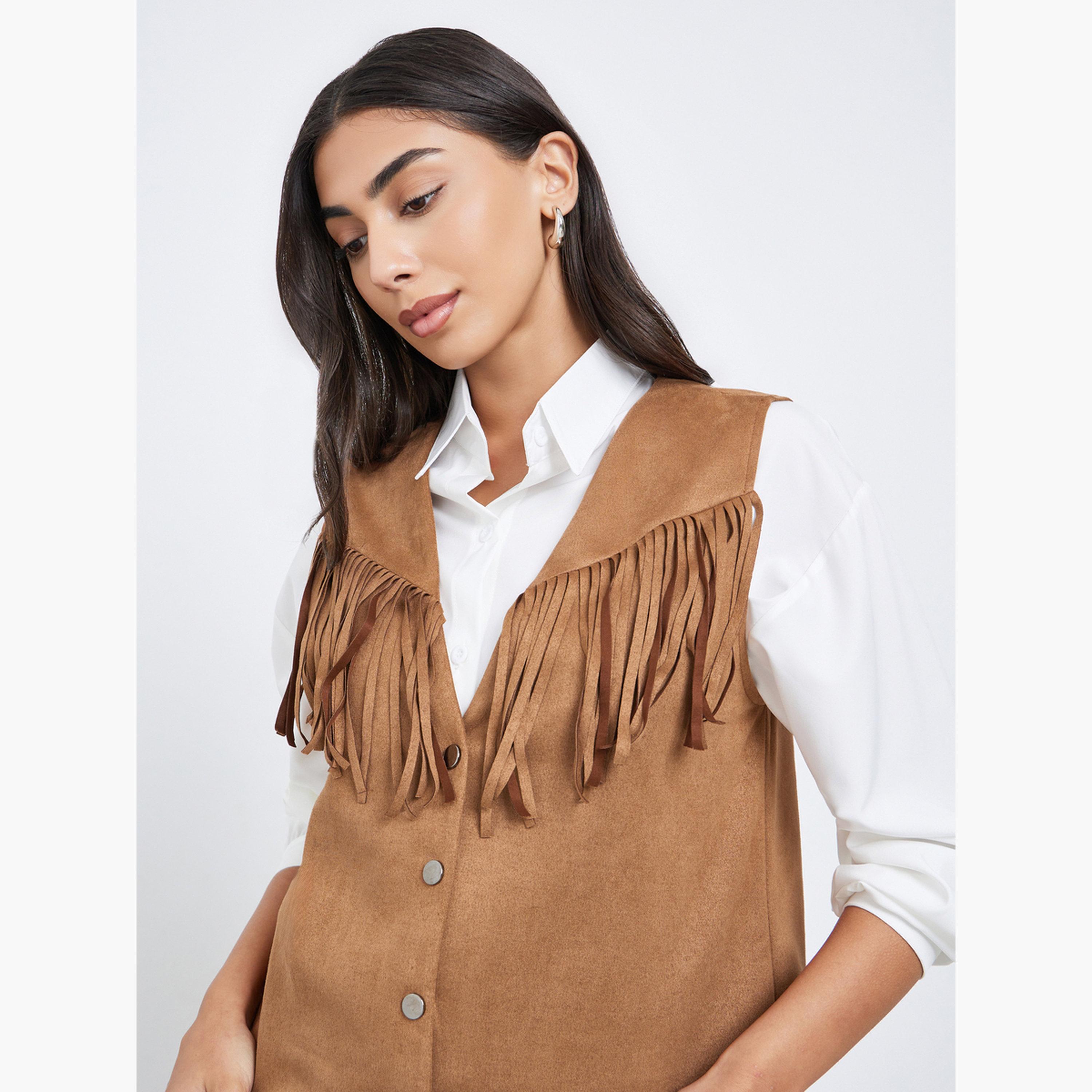 Styli Women Tan Suede Look Fringe Vest-women-clothing-shirtsandblouses-shirts-image-4