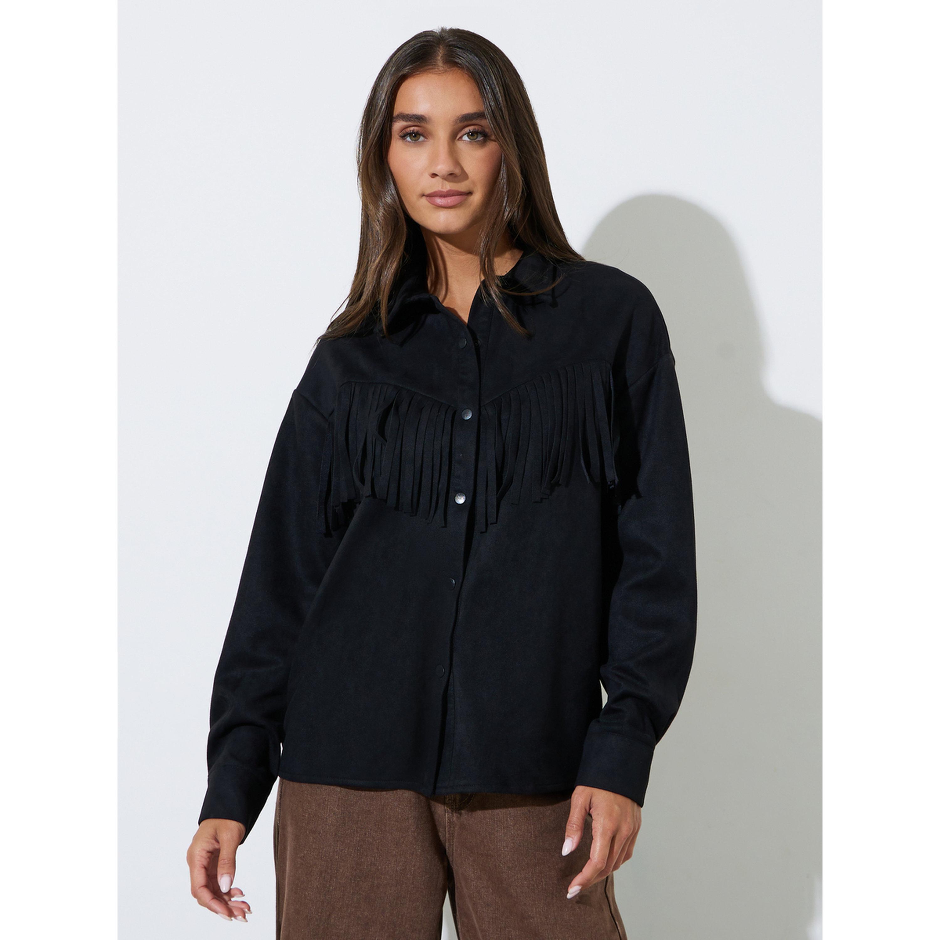 Styli Black Tassel Trim Suede Look Shirt-women-clothing-shirtsandblouses-shirts-image-1