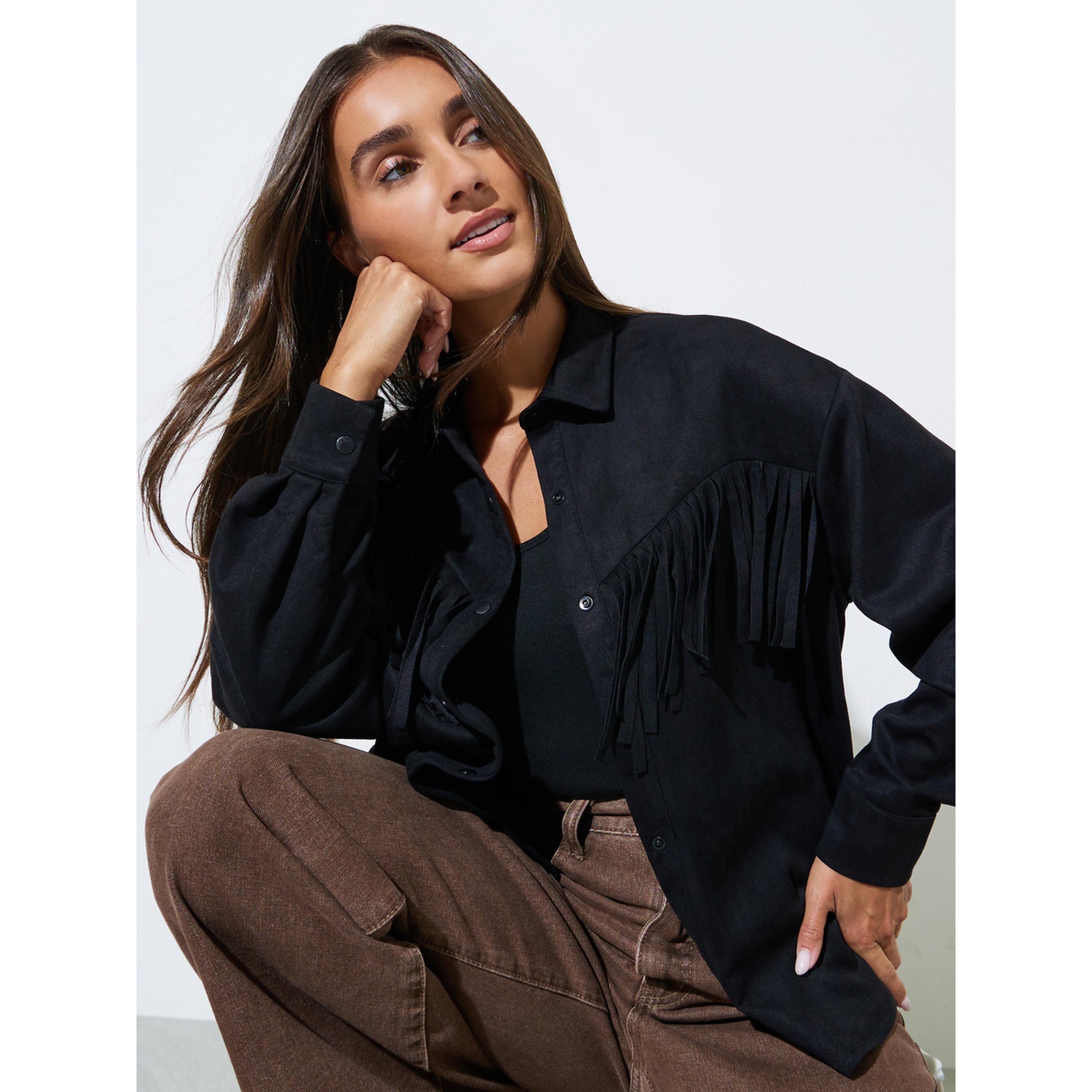 Styli Black Tassel Trim Suede Look Shirt-women-clothing-shirtsandblouses-shirts-image-3