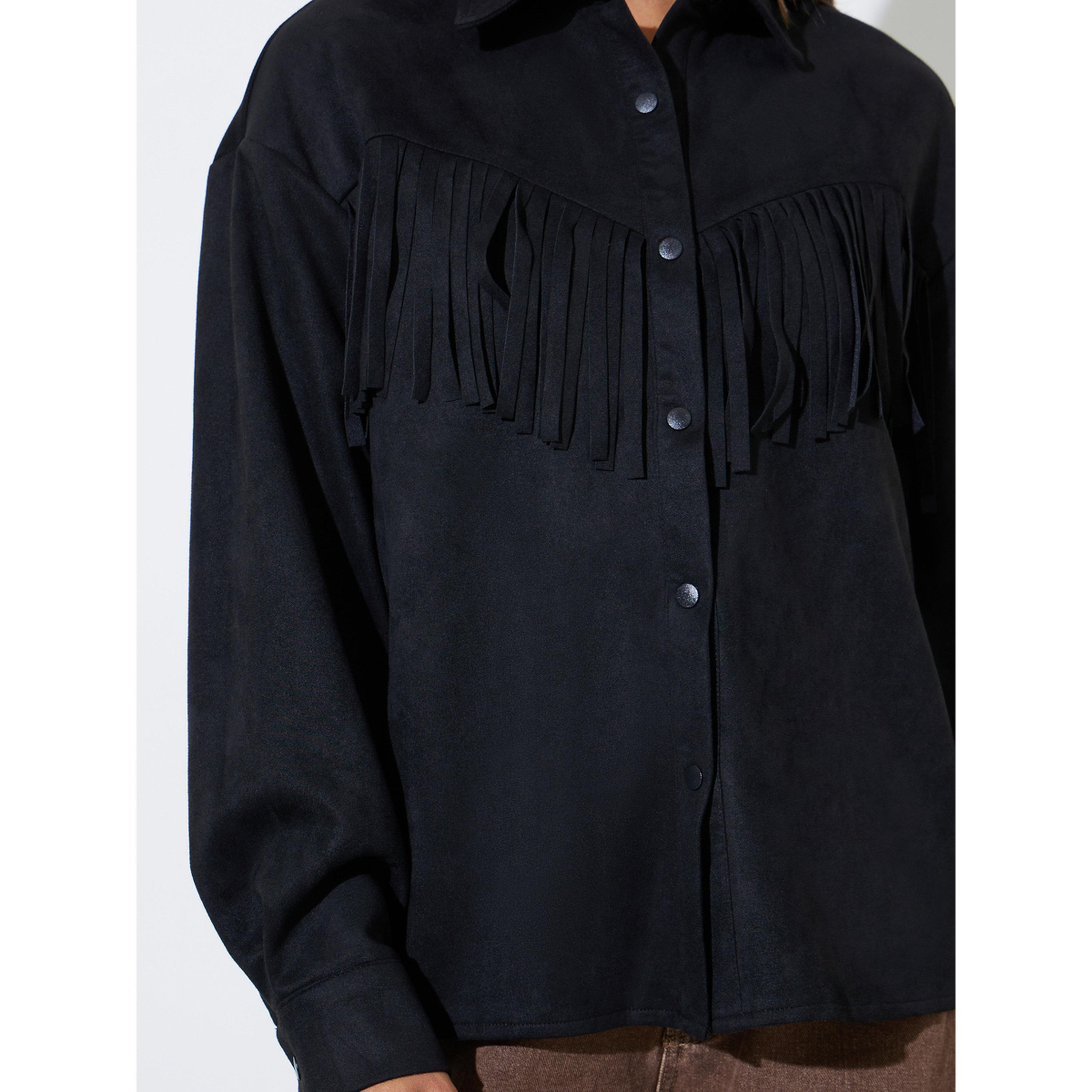Styli Black Tassel Trim Suede Look Shirt-women-clothing-shirtsandblouses-shirts-image-5