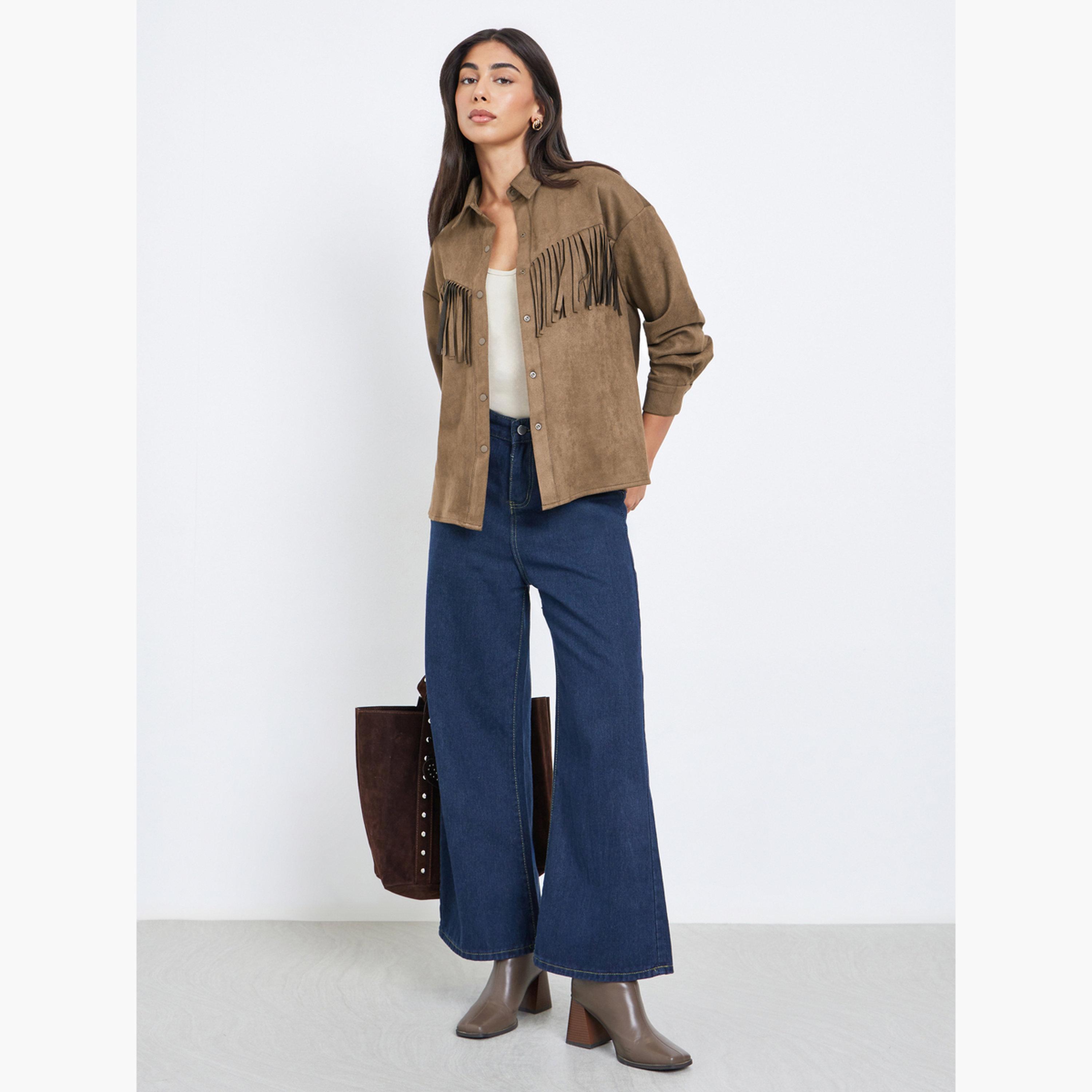 Styli Brown Tassel Trim Suede Look Shirt-women-clothing-shirtsandblouses-shirts-image-2