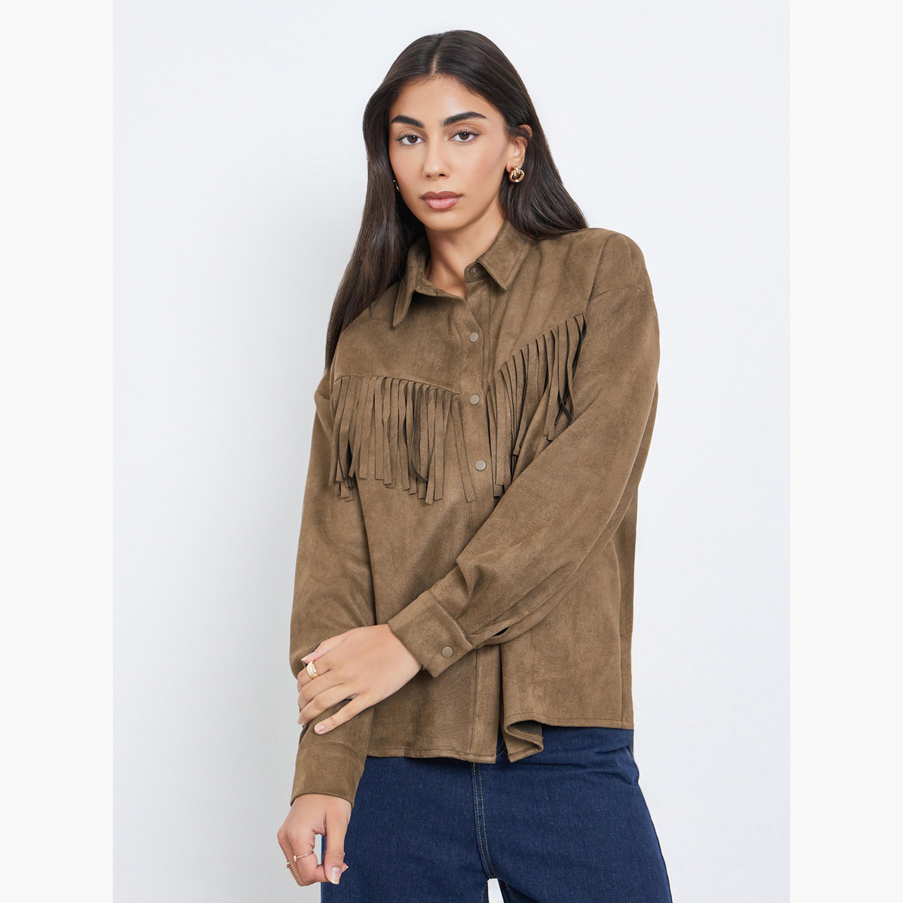 Styli Brown Tassel Trim Suede Look Shirt-women-clothing-shirtsandblouses-shirts-image-3